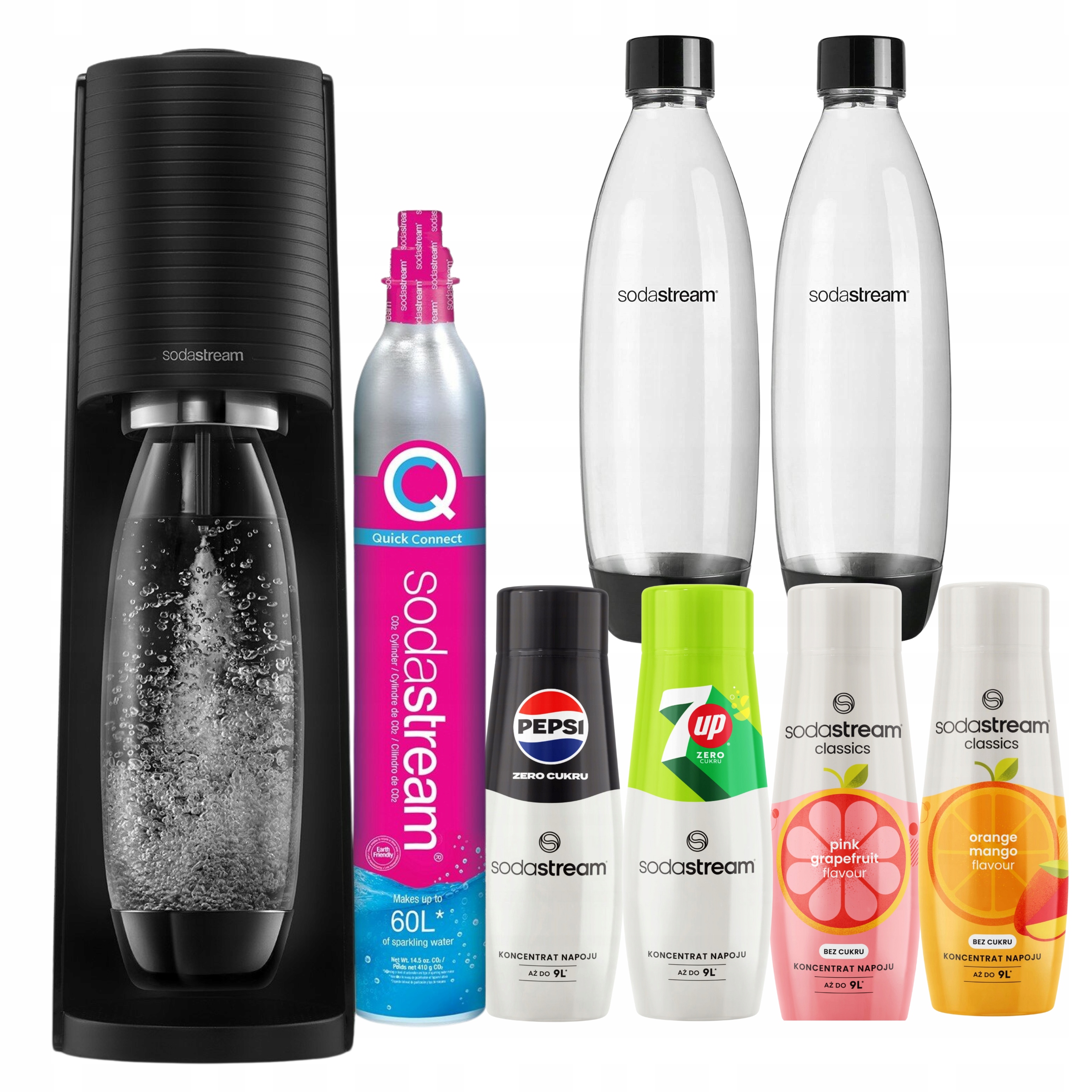 Soda Stream Saturátor Terra 2 Fľaše 4 sirupy bez cukru Grapefruit, Pepsi
