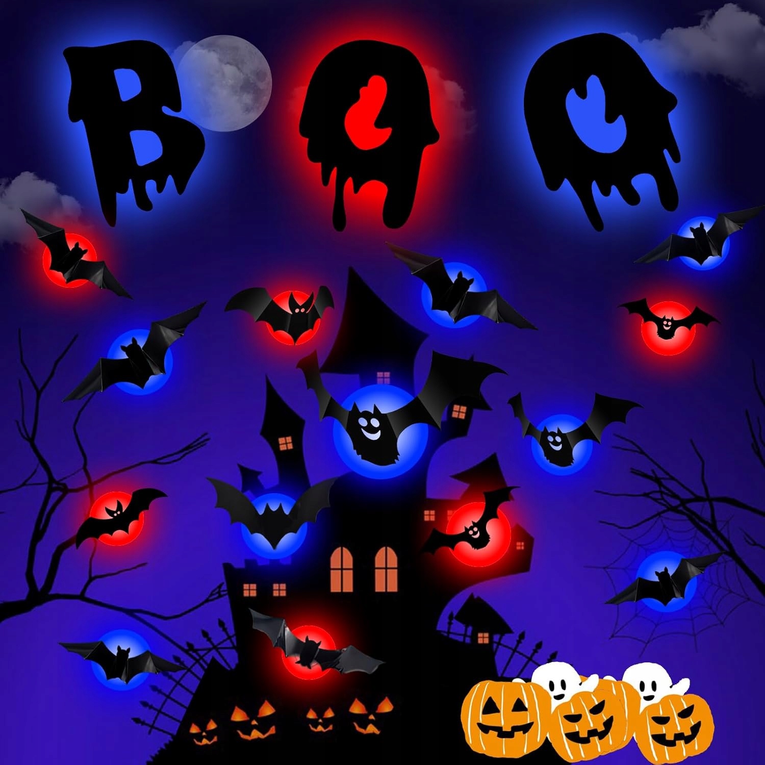 Halloweenové dekorace, 3D, Led, netopýr a Boo, odnímatelné samolepky na okna