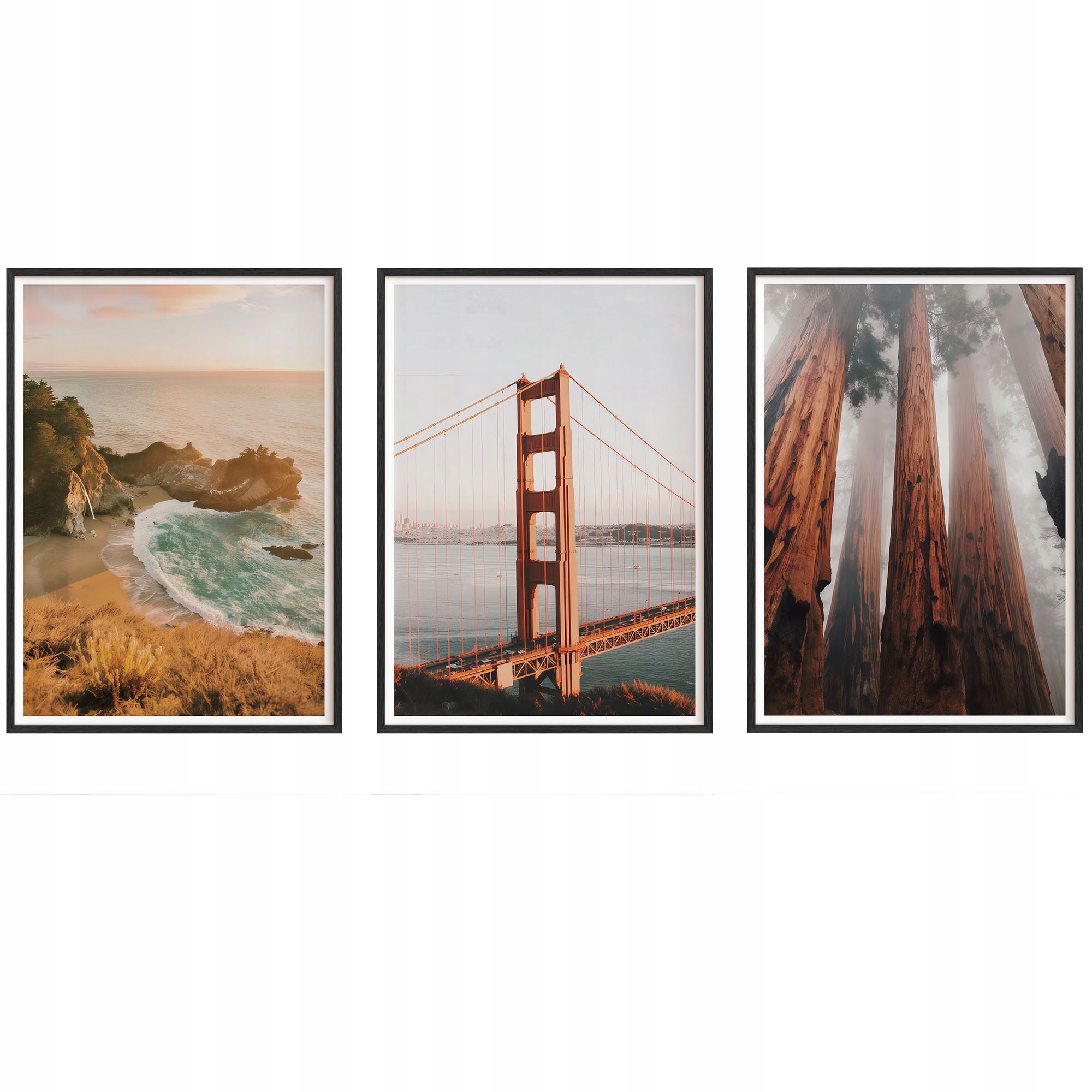 Obrazy Kalifornia Golden Gate Plagáty Drevené rámy Čierne 3ks 30x42 cm