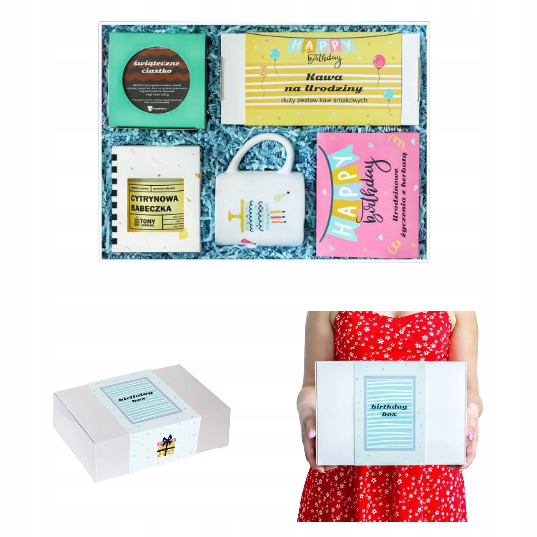 Levně Velký Box s kávou, čajem na narozeniny se sójovou svíčkou a hrnkem Dárek