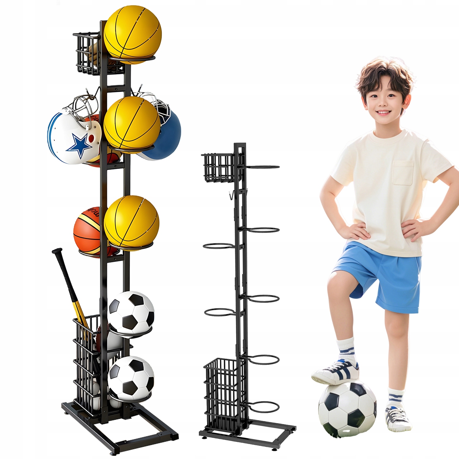 Stojan Na Míče Pro 7 Míčků S Košem Věšák Skladování Organizér Regál