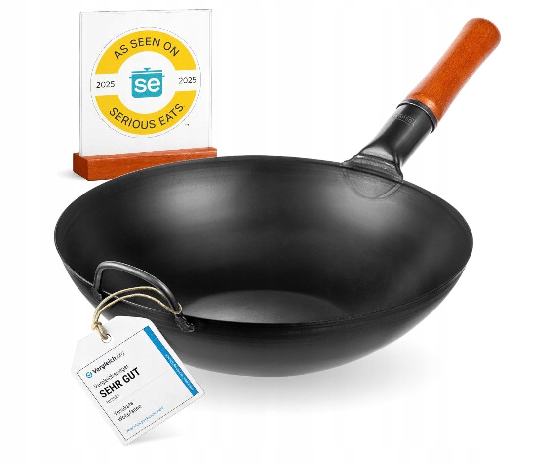 Yosukata Wok 34 cm Uhlíková oceľ čierna Indukcia Plyn Stir-Fry Ploché dno