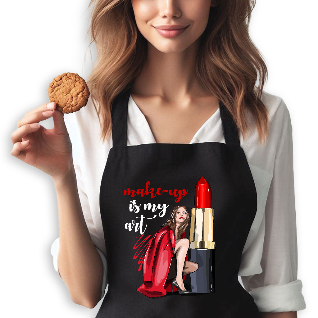 FARTUCH FARTUSZEK CZARNY NA PREZENT DLA KOSMETYCZKI MAKE UP IS MY ART WZORY