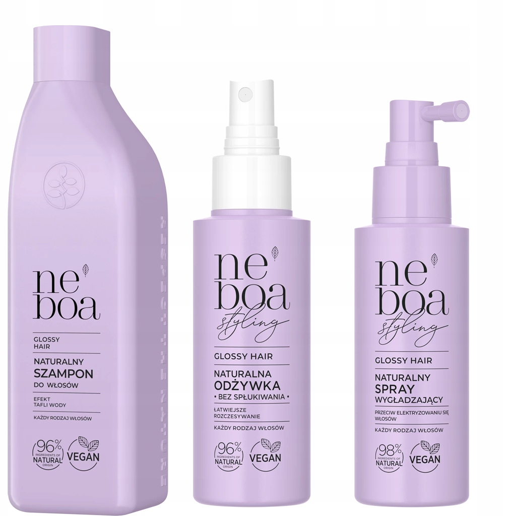 NEBOA GLOSSY SZAMPON + ODŻYWKA SPRAY + SPRAY PRZECIWELEKTRYZOWANIU SIĘ