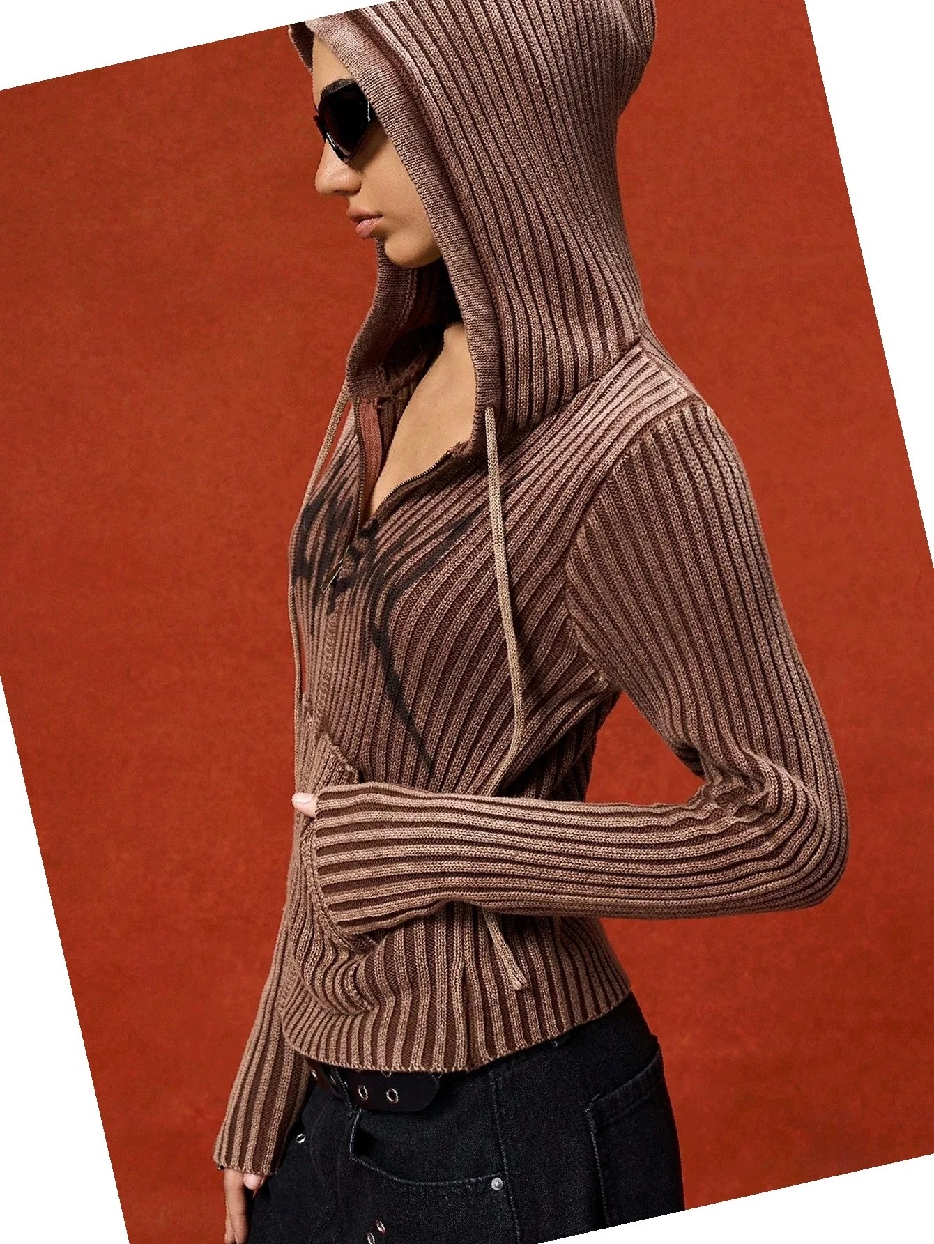 Mikina Kardigan S Kapucí Na zip Hnědá S Pruhy Slim Fit S 36