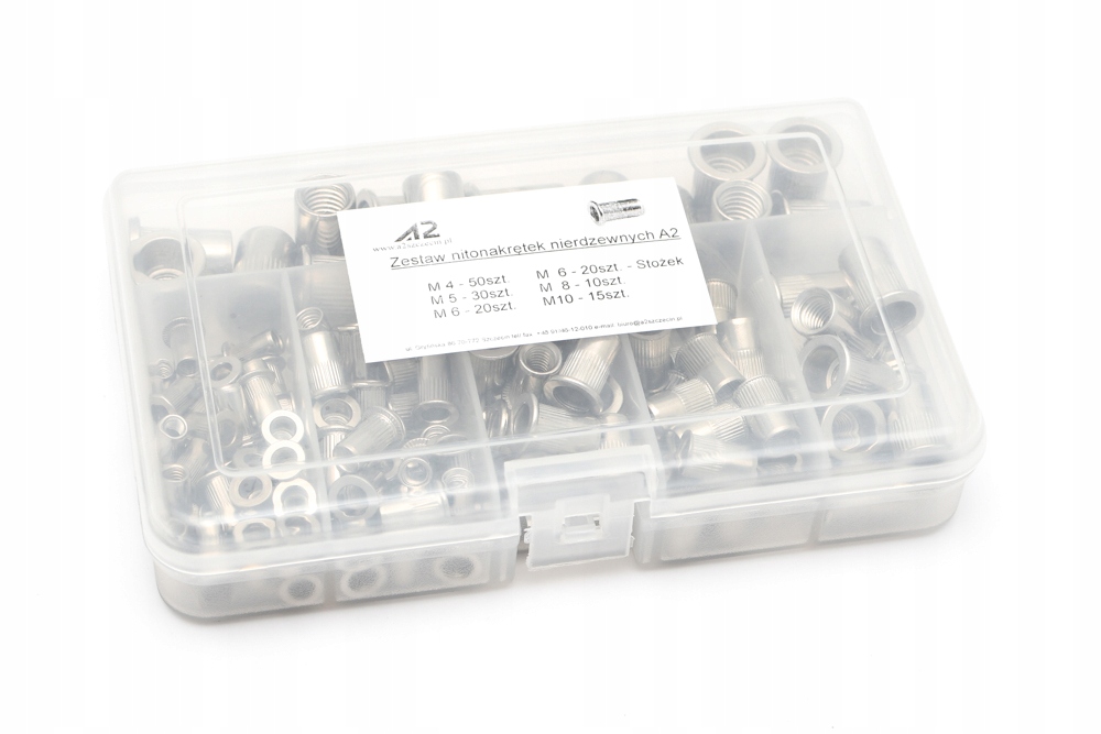 Zestaw nitonakrętek nierdzewnych A2 M4 M10 organizer 145szt.