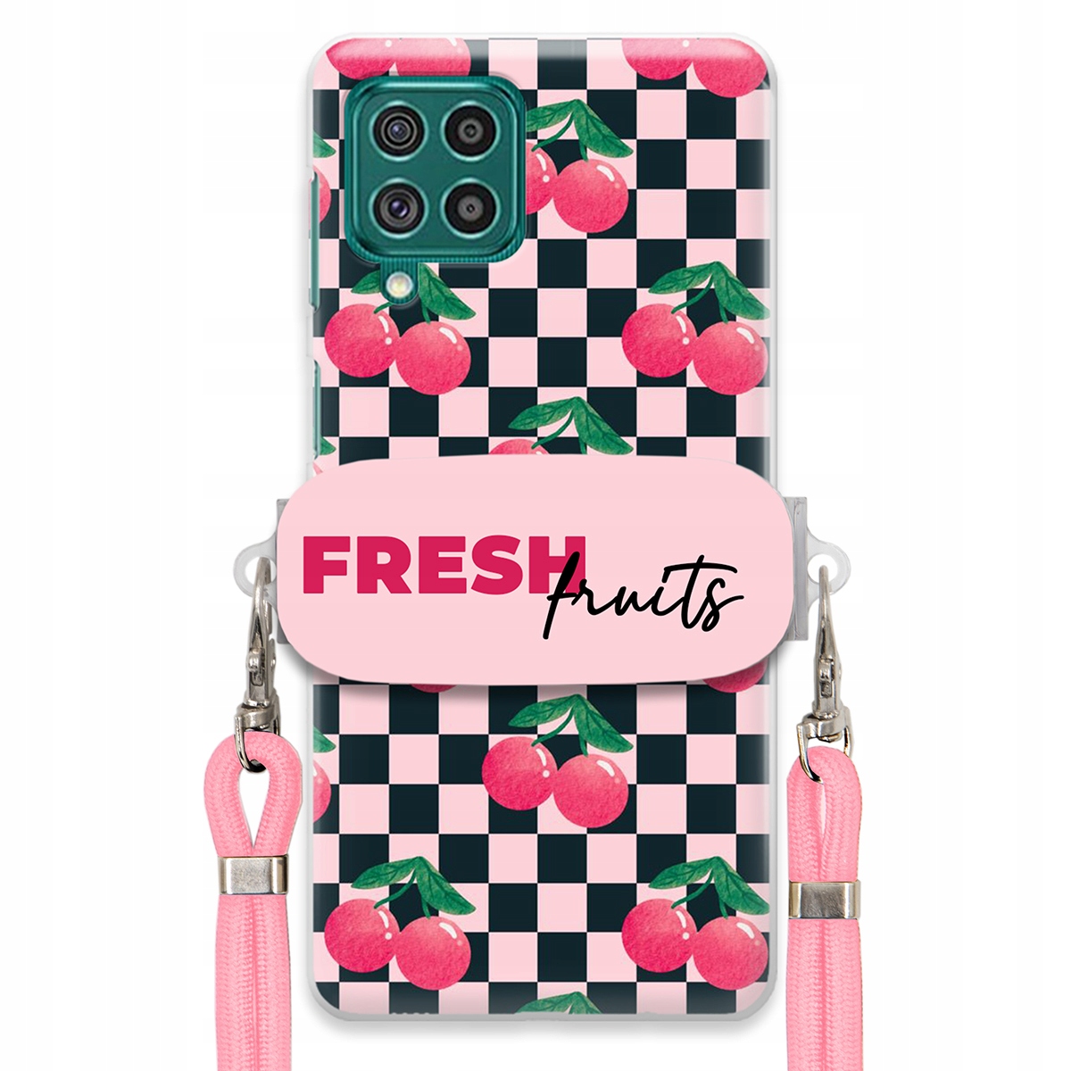 Puzdro pre Samsung M62 Vodítko Pink Crossbody Šachovnicový držiak Fresh Fruits