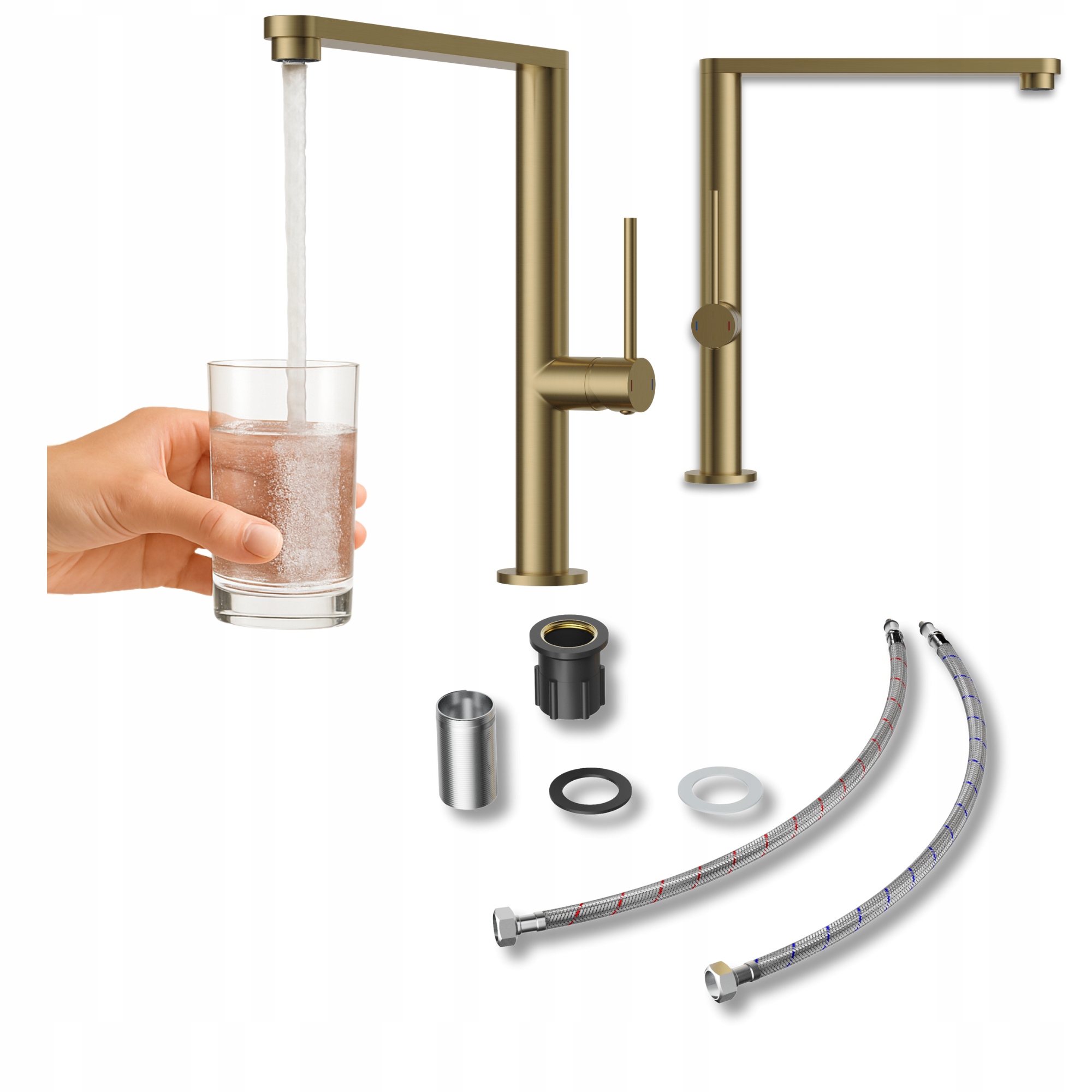 Zlatá brúsená kuchynská batéria Velmo s výtokom, kuchynský kohútik