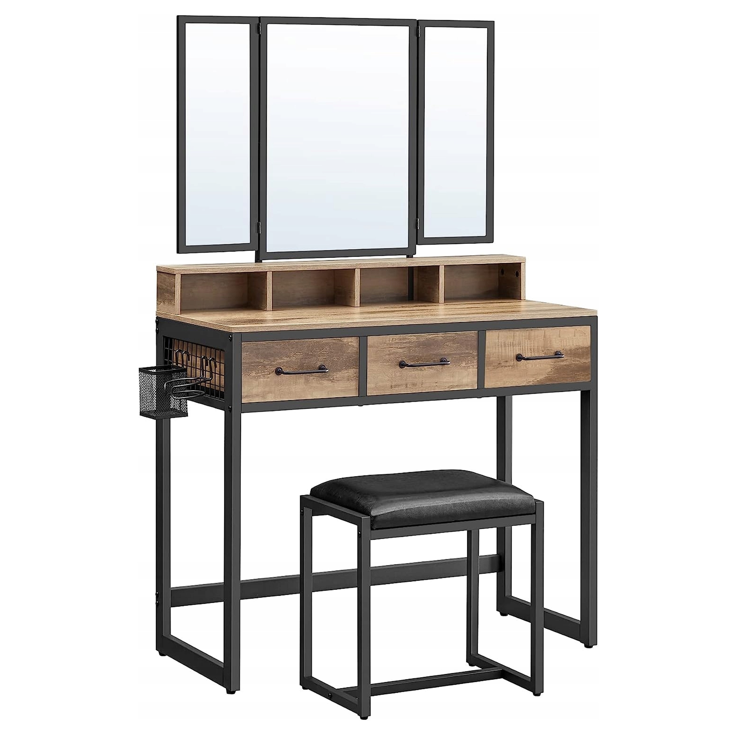 Toaletka z Lustrem i Taboretem Loft Rustykalna Beżowa 90x40x141 CM Retro