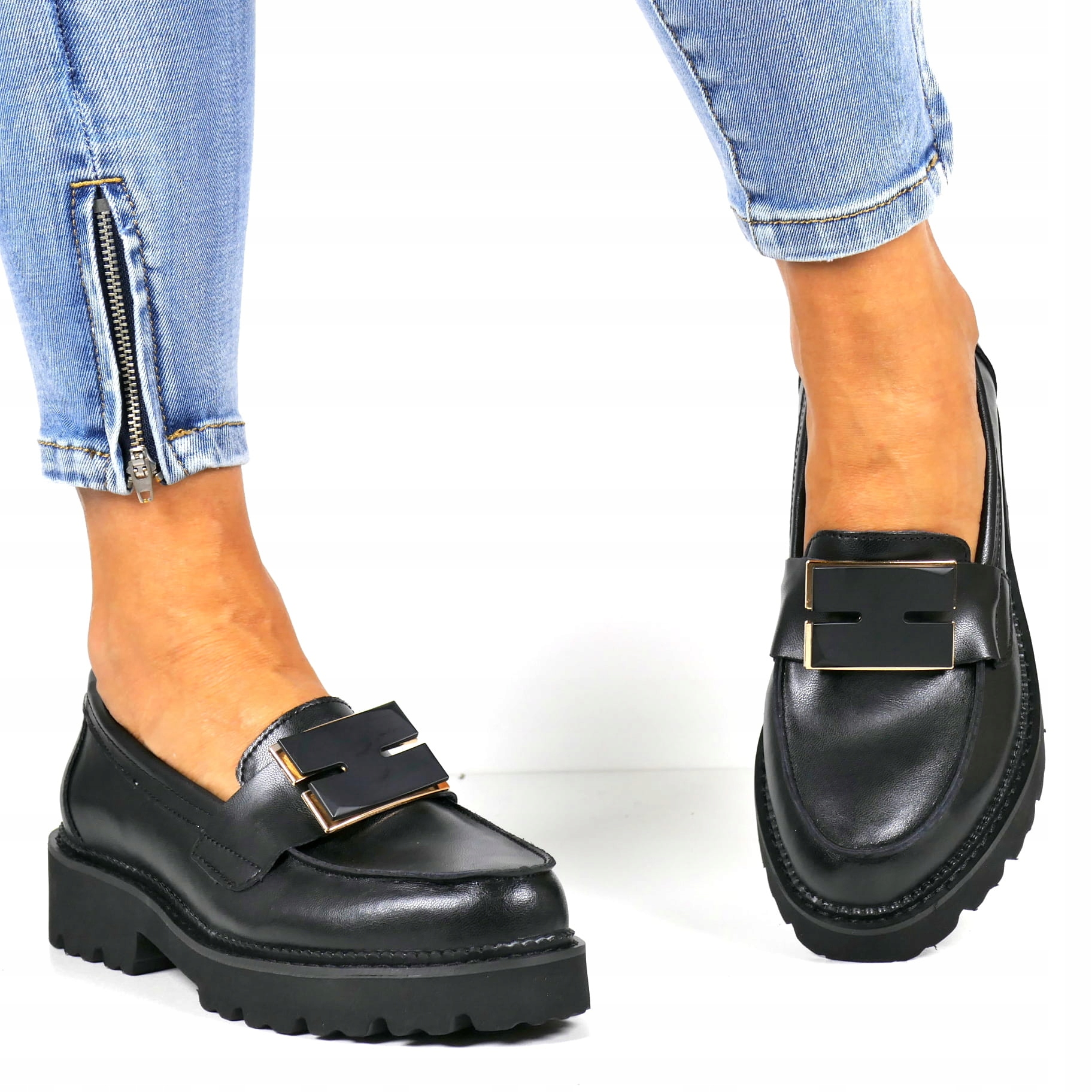 Mokasíny Z Kůže Polobotky Nazouvací Boty S Ozdobou Černé Lícové Módní Střih