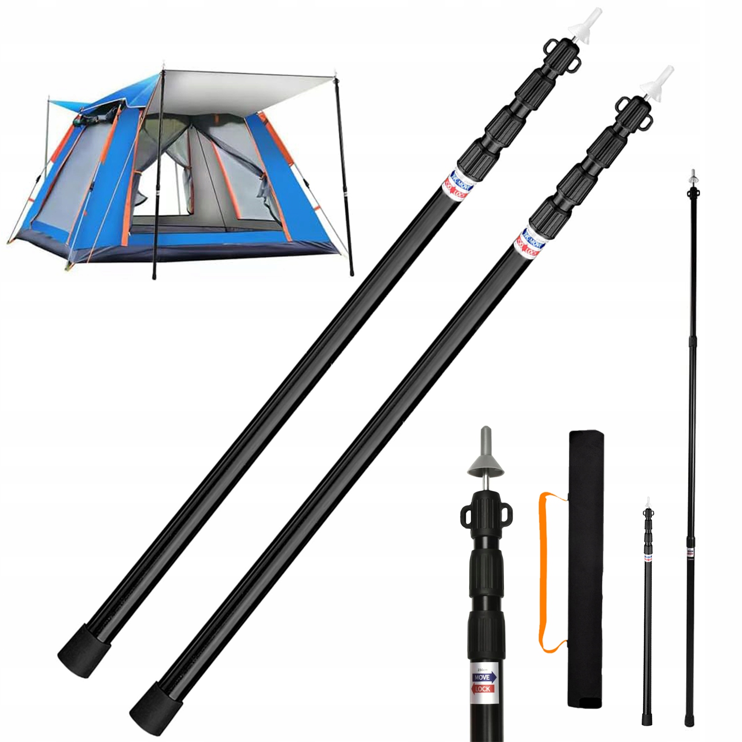Teleskopická Hliníková Stanová Tyč S Regulací 95-230 CM, Černá