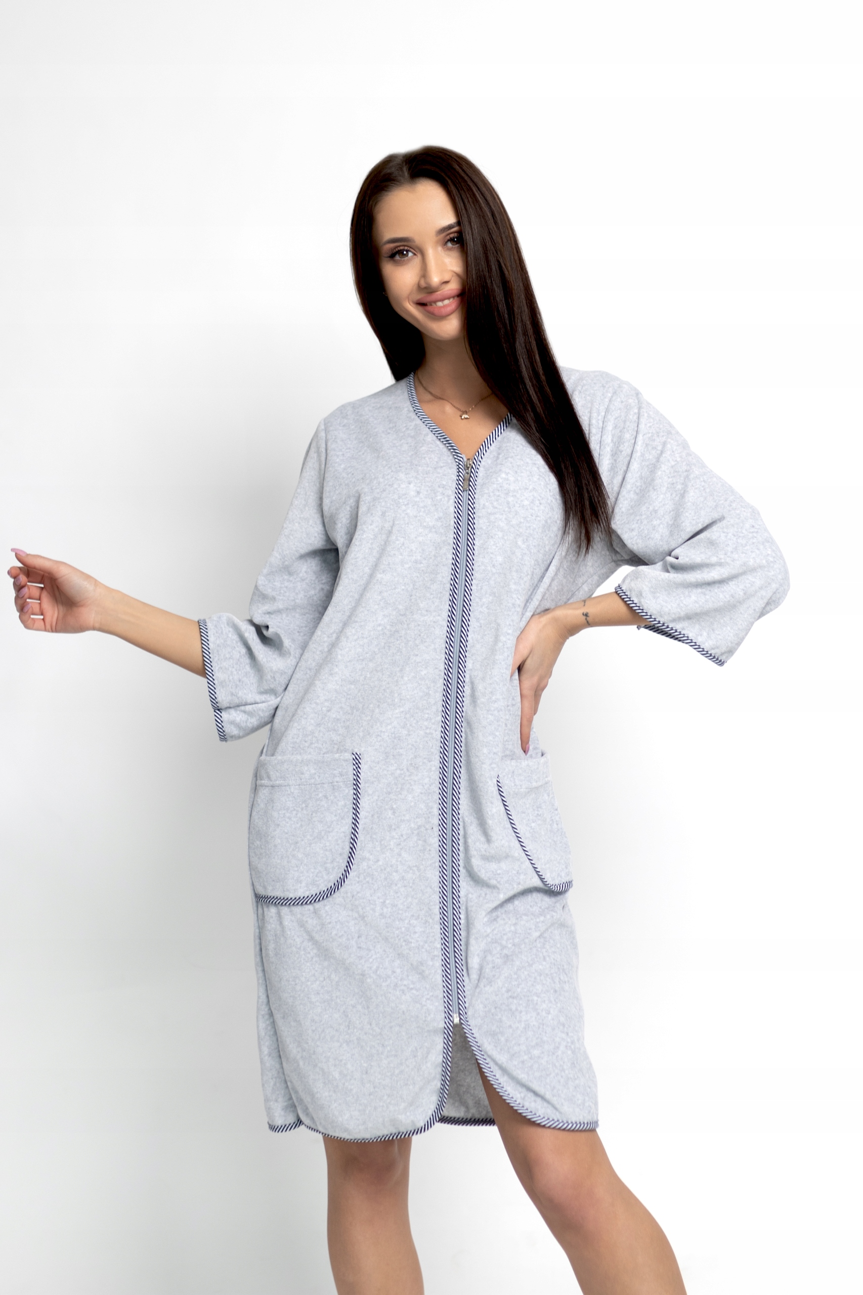 SZLAFROK DAMSKI WELUROWY SZARY MELANŻ Rękaw rękaw 3/4