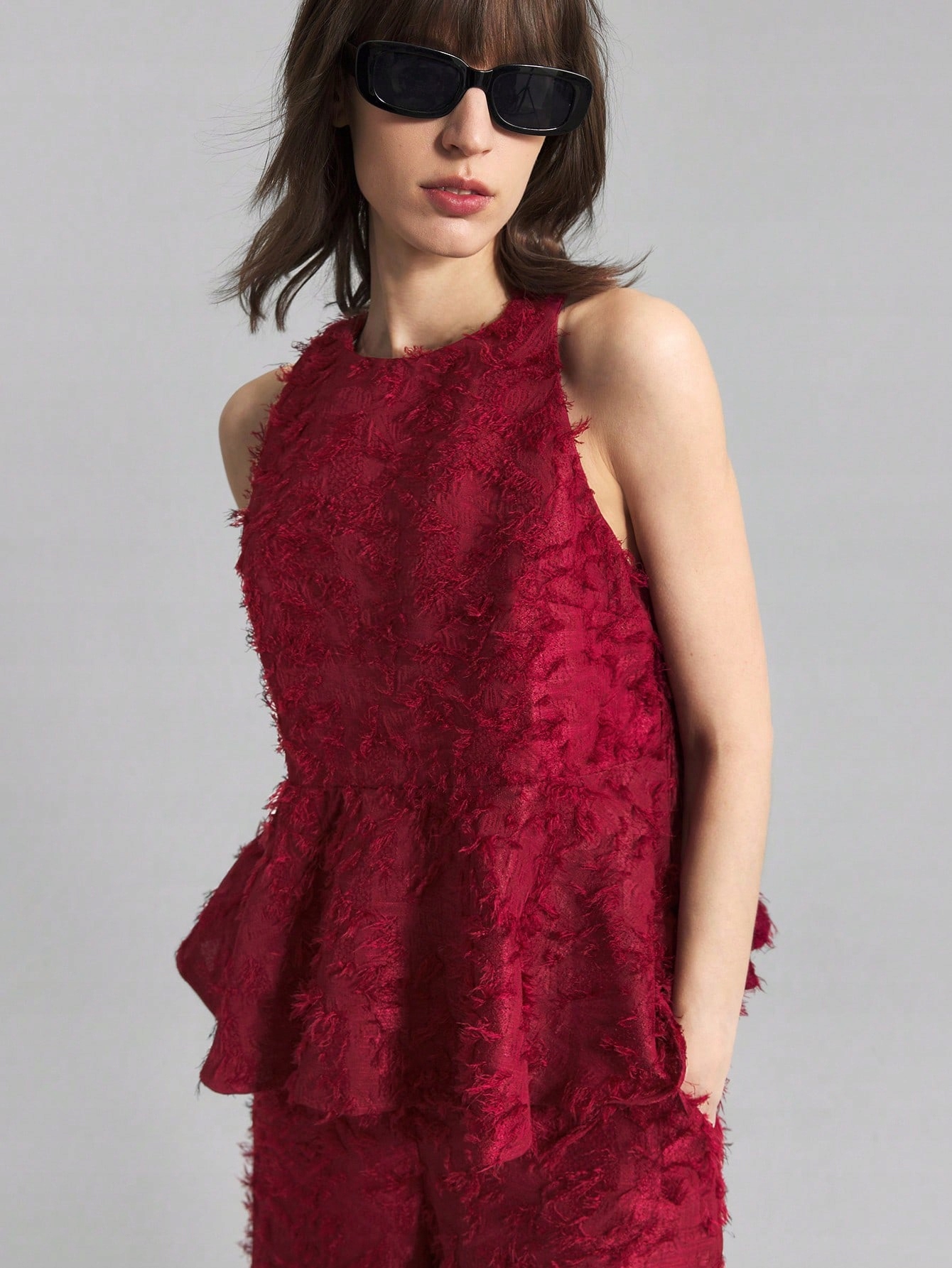 Dámský Elegantní Stylový Chlupatý Vínový Komplet Shein, Velikost 38