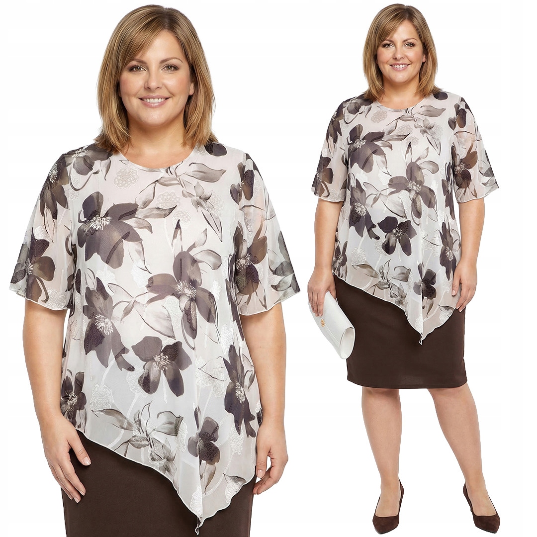 Asymetrická ecru tunika s tmavě šedými květy plus velikost velikost 56