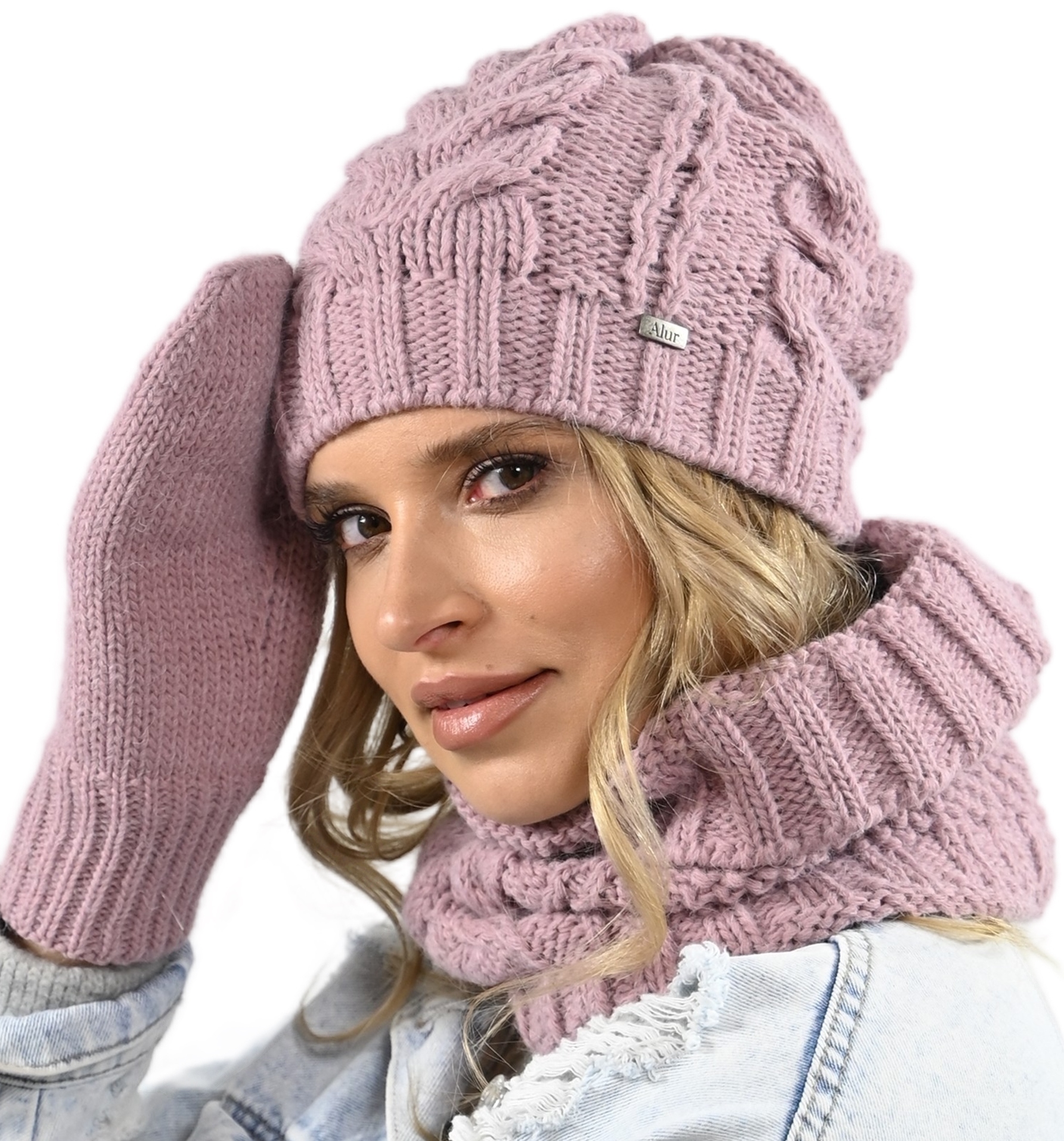 Elegantní teplý set na zimu Čepice , Rukavice, Starorůžová Prašivě Nákrčník