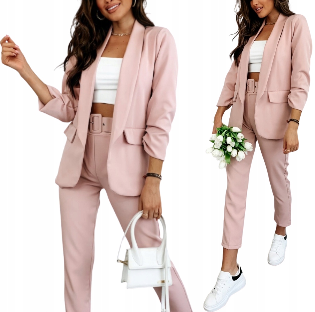 Dámský Oblek Komplet Sako Kalhoty S Páskem Pudrová Růžová 40 L