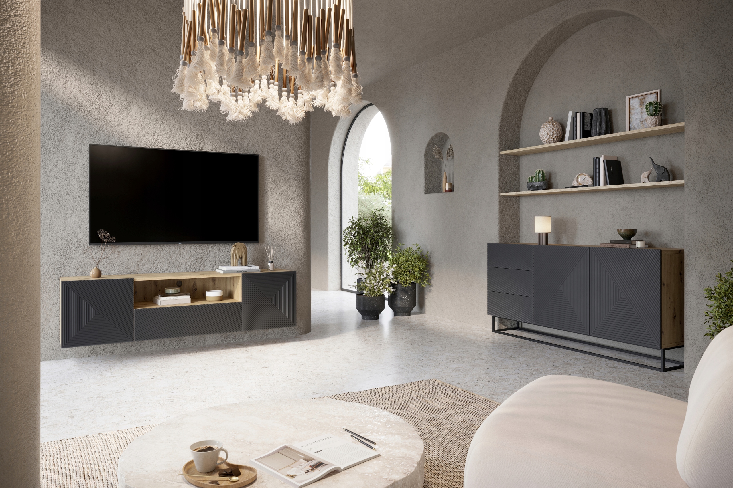 SAFKA PÓŁKA RTV WISZACA POD TELEWIZOR do salonu Asha LOFT DĄB ARTISAN 167CM Liczba drzwi 2