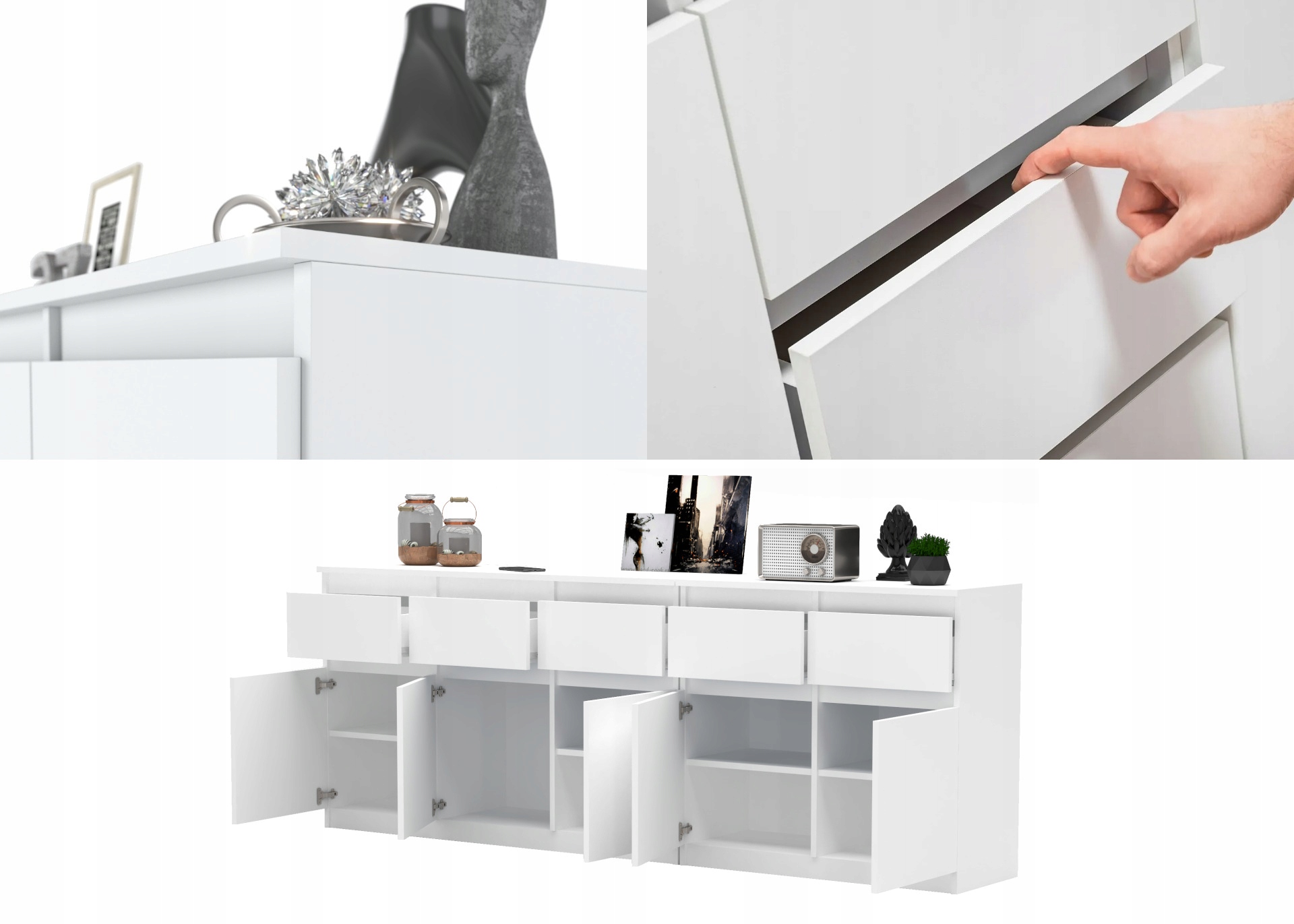Komoda SONOMA/BIAŁY 5 szuflad 5 drzwi Duża Komoda 200 cm ZESTAW do Salonu Głębokość mebla 35 cm