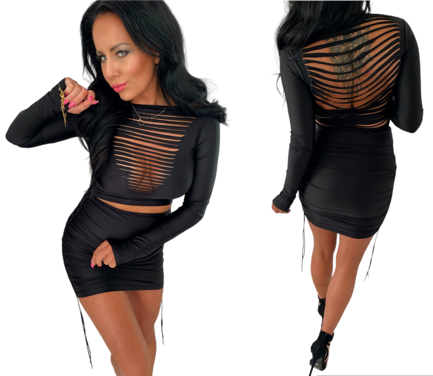 Dámský komplet sukně mini halenka sexy večerní výstřih top L 40