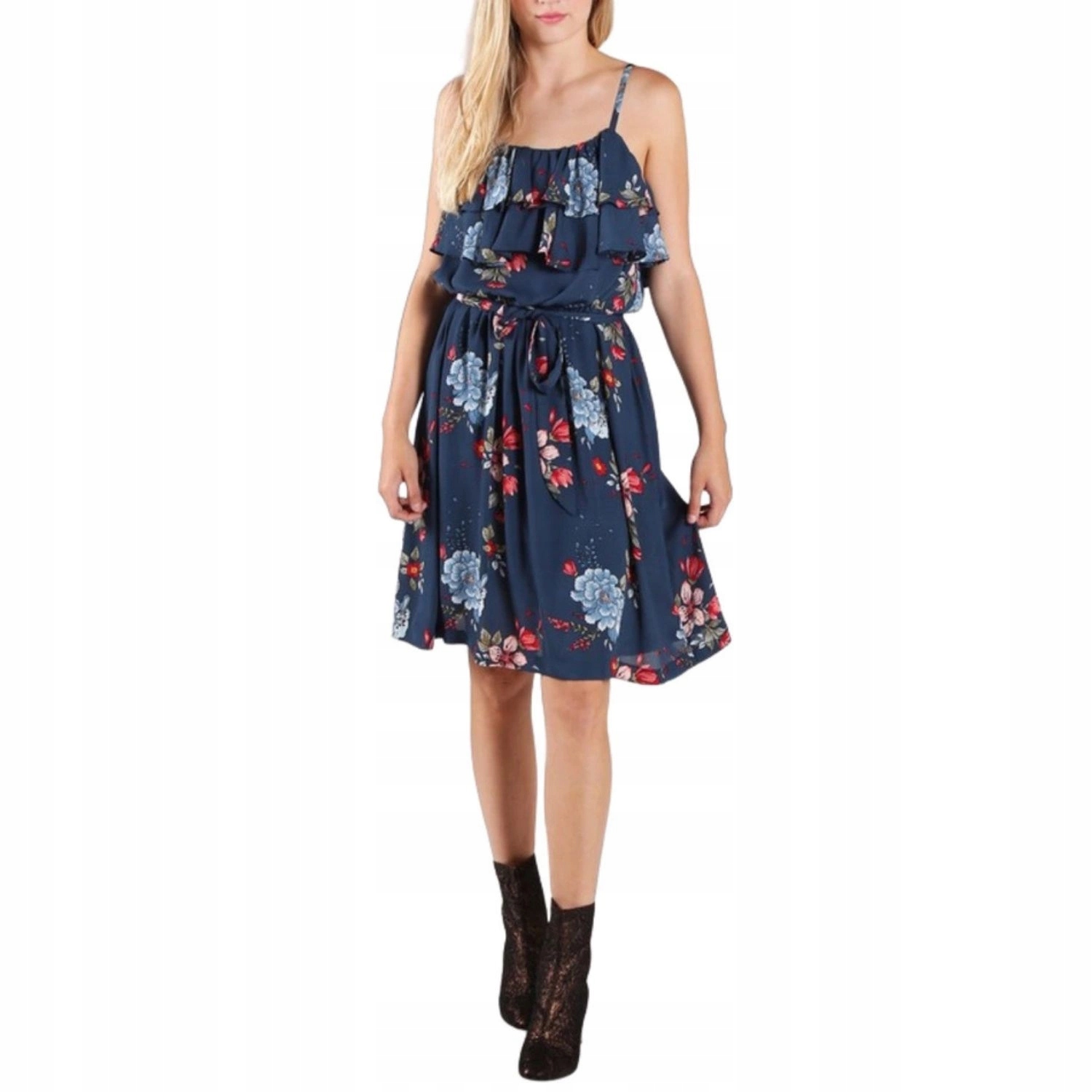 Tmavě modré květinové volánové Šaty Pepe Jeans s zavázanými ramínky, vel. Xs