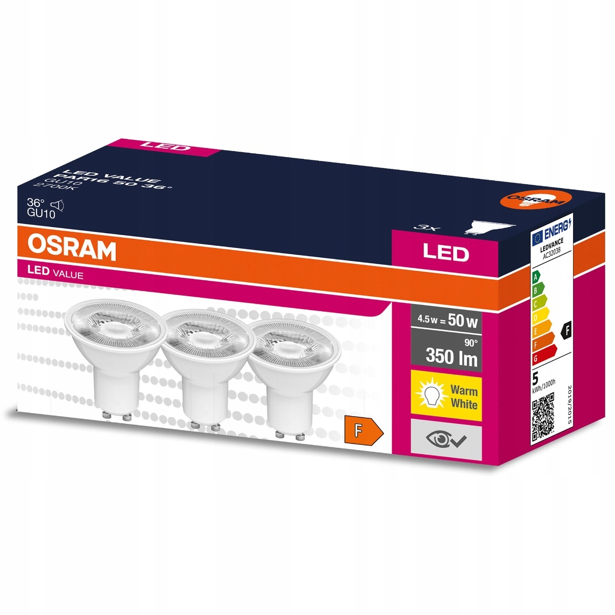 

3x Żarówka Led GU10 4,5W 50W 350lm 2700K 36° Osram