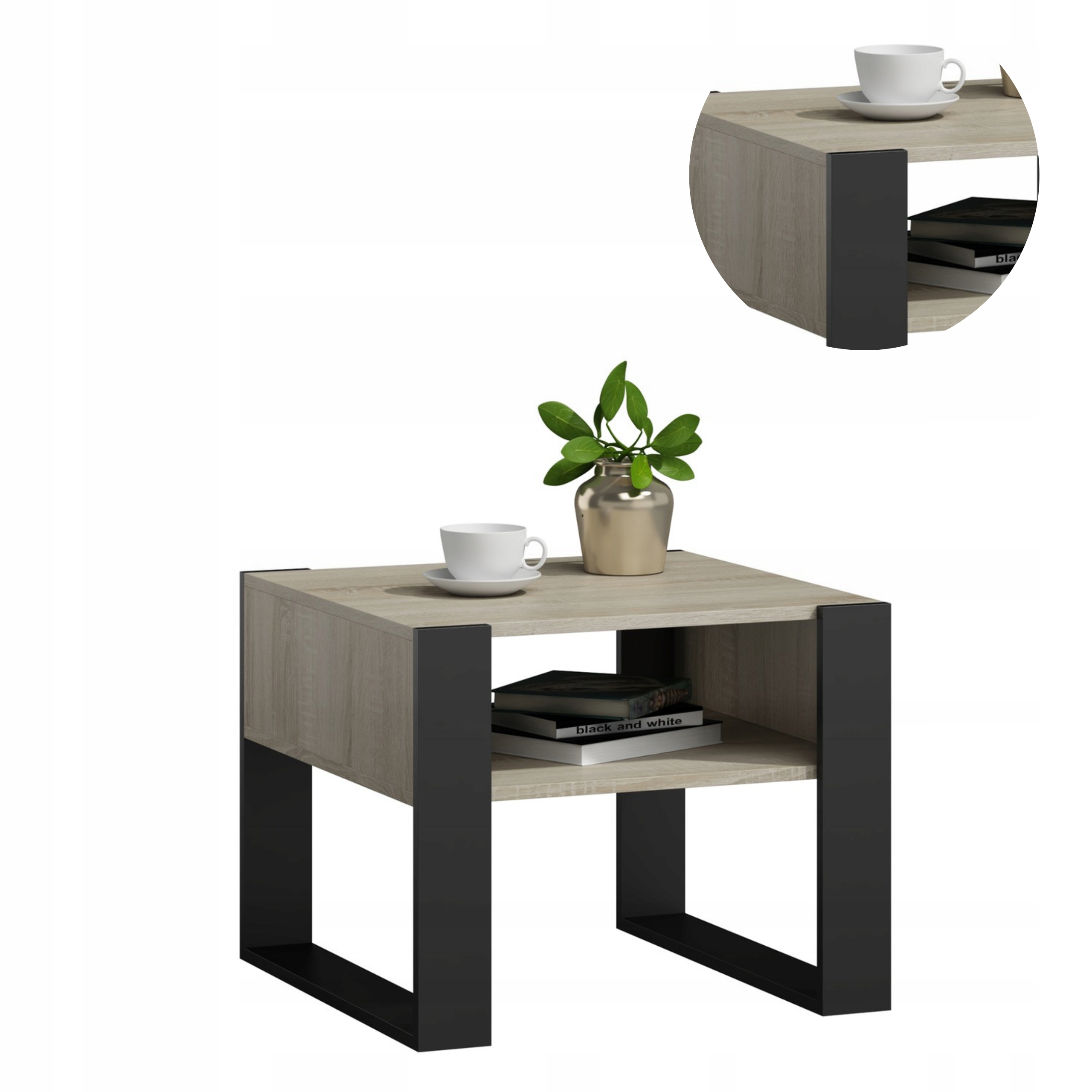 Lavica Kaja Kwadrat sonoma-čierna konferenčný stolík 60 cm, malý stôl s poličkou loft