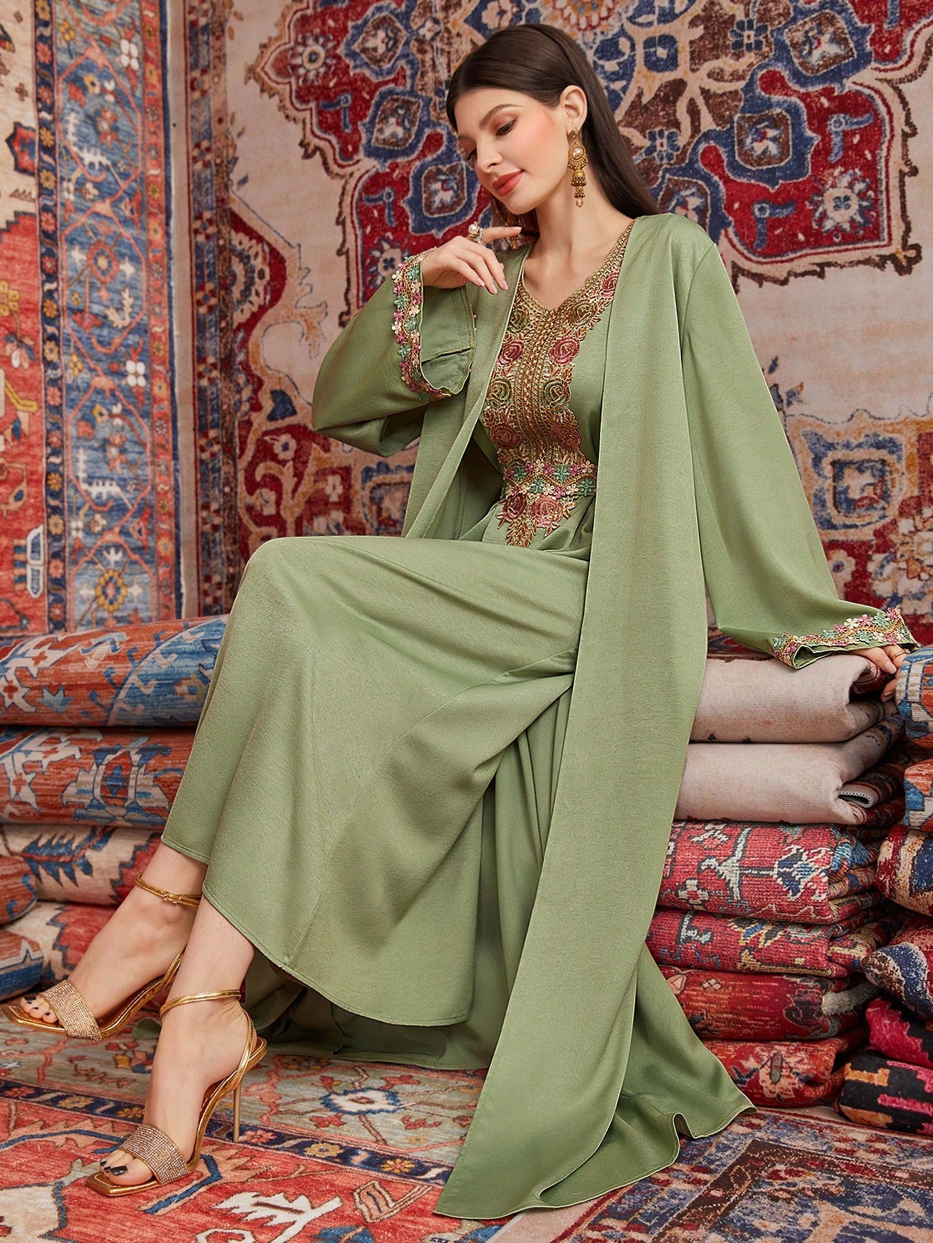 Šaty V Arabském Stylu Abaya Dvoudílná Zelená Shein S