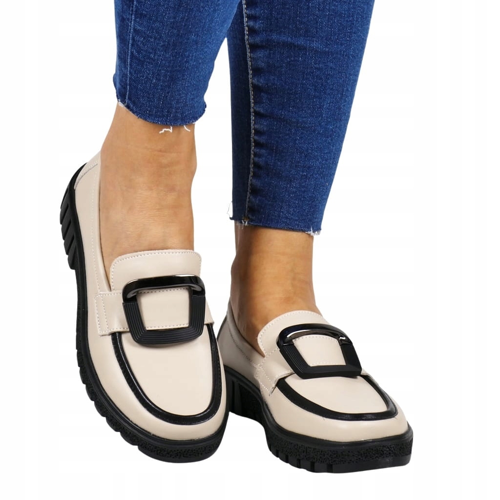 Dámské Kožené Mokasíny, Nazouvací Polobotky S Ozdobnou Sponou, Béžové