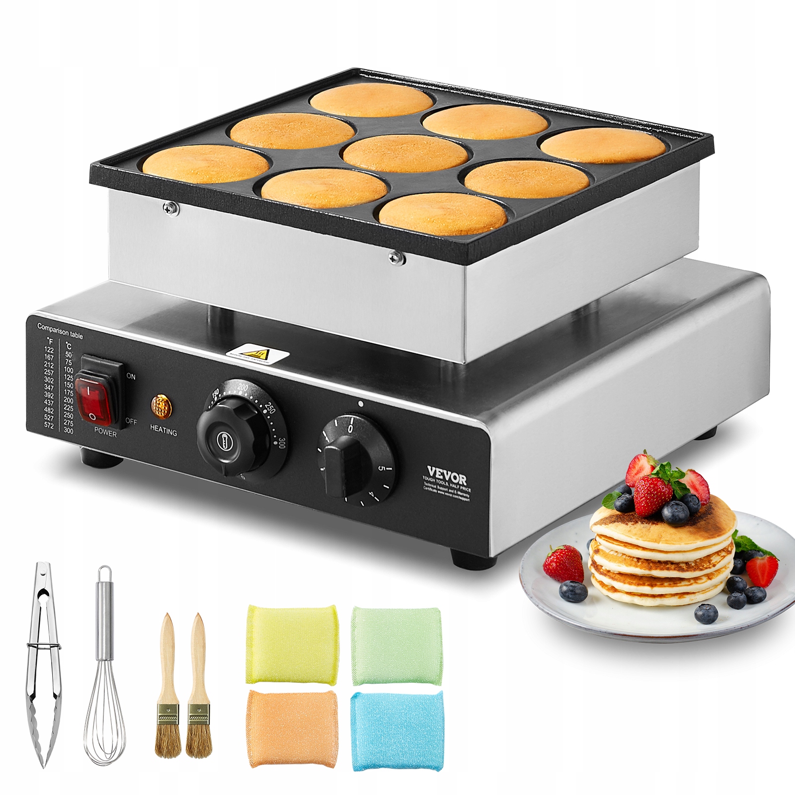 Vevor Mini Pancake Maker 9 Kusov 850W Nerezová Oceľ Komerčný Stroj