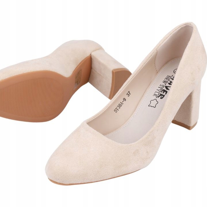 BEŻOWE CZÓŁENKA DAMSKIE NA SŁUPKU OBCASIE BUTY ZAMSZOWE WKŁ.EKOSKÓRA Marka inna