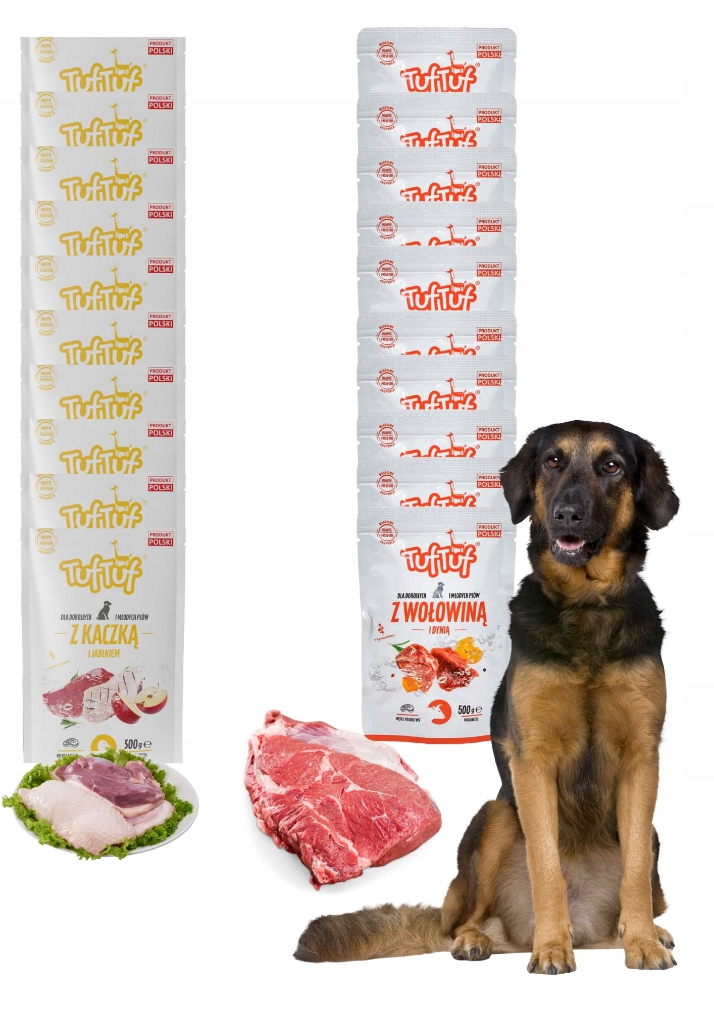 Vlhké krmivo pro psy, sáčky 20 x 500 g, sada Tuf Tuf, mix kachna, hovězí maso