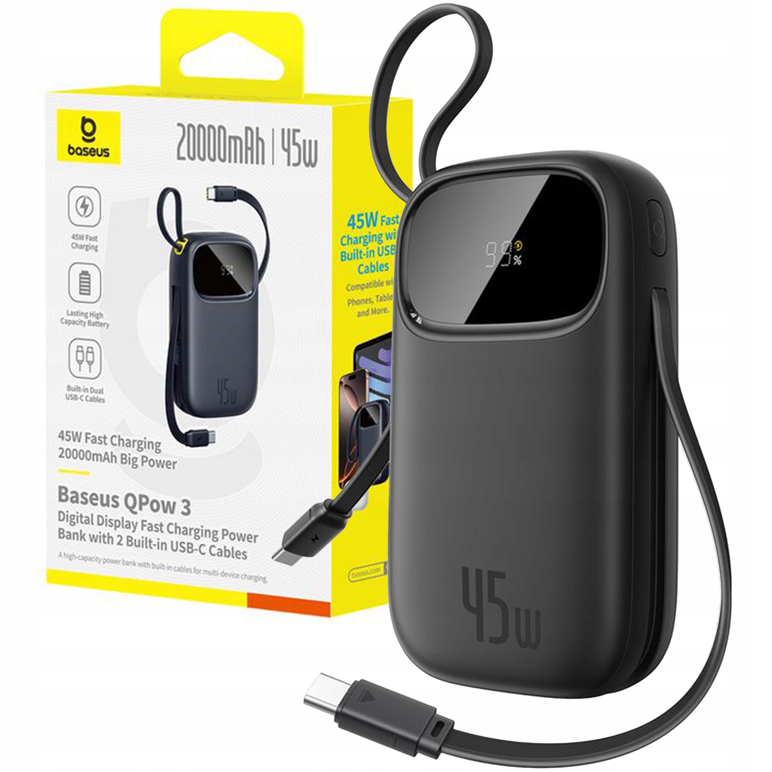 Baseus Rychlá Power Banka 20000MAH 45W, Vestavěné Usb-c Kabely Pro 4 Zařízení