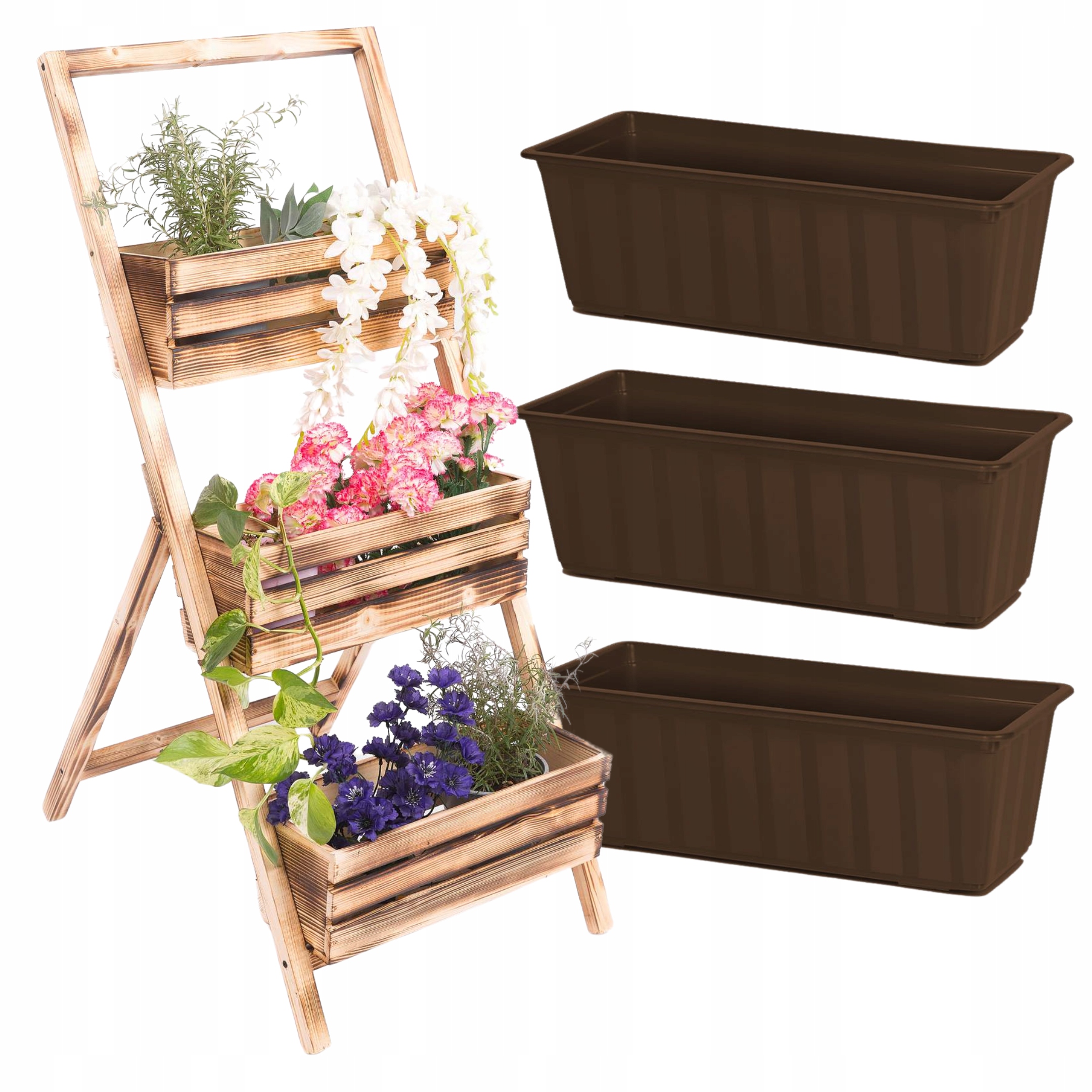 Stojan Na Kvety Drevený Kaskádový Opálený Viacúrovňový Stojan Na Terasu