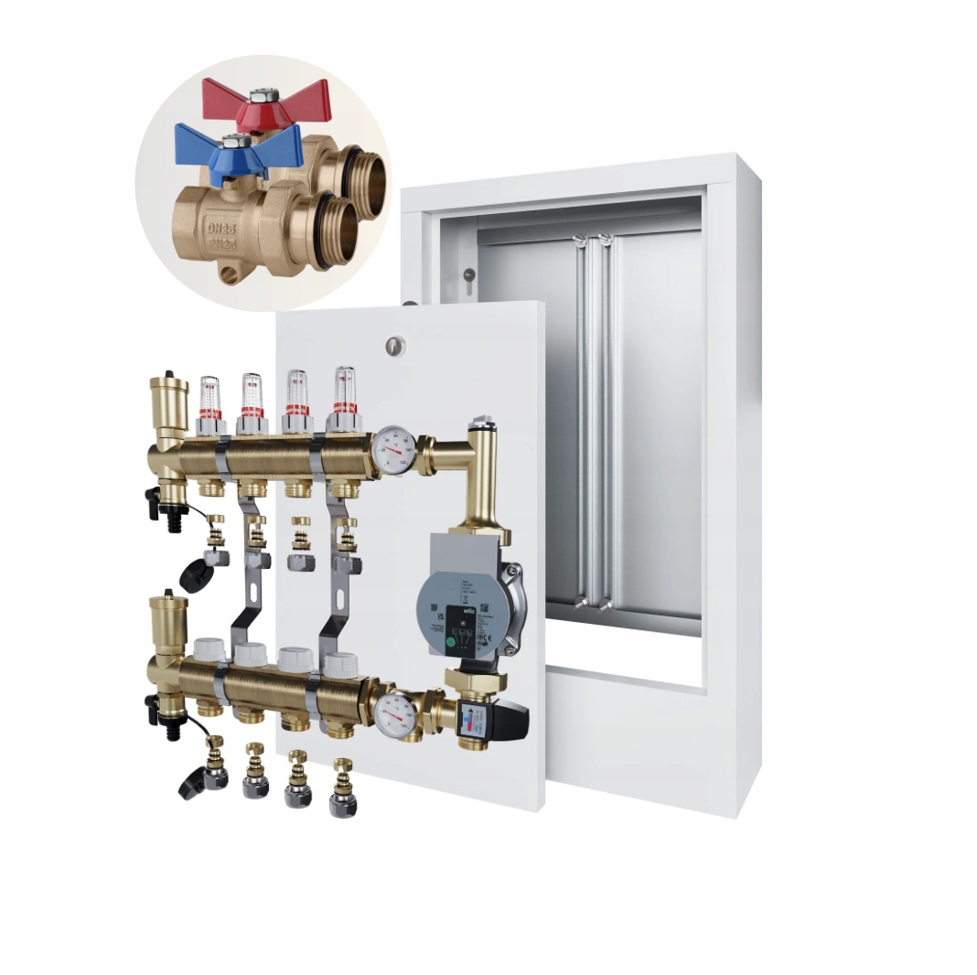 Rozdělovač podlahového vytápění 4 skříňka na omítku+Wilo+PEX+KULOVÝ Ventil