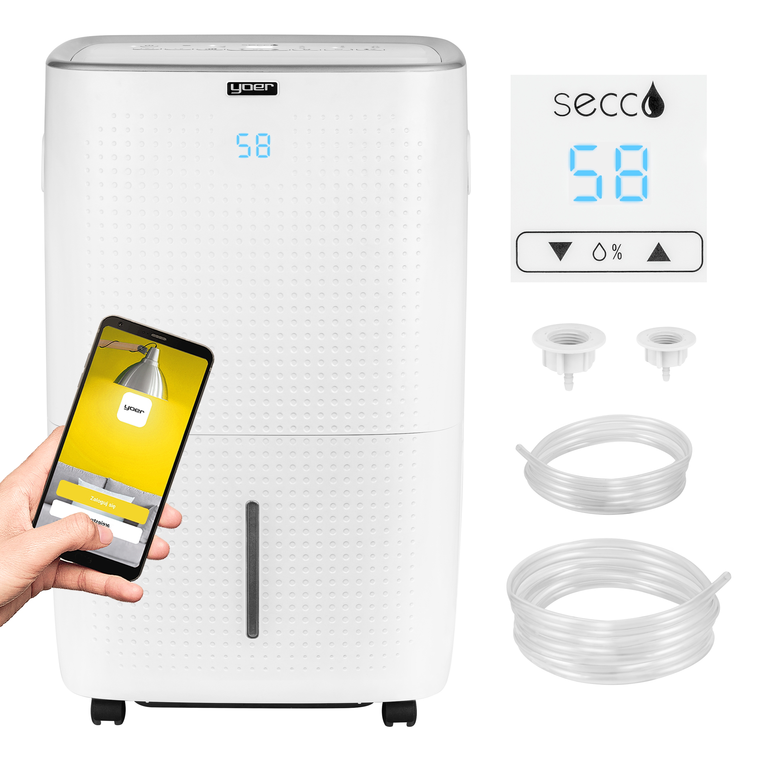 Osuszacz powietrza automatyczny Yoer 60L/24h 150m² +pompa Odprowadzająca 5m