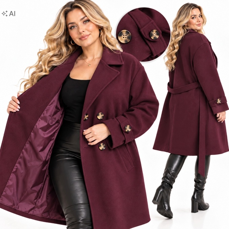 Dámský kabát trenčkot s páskem dvouřadý elegantní flauš 52 54 7xl 8xl
