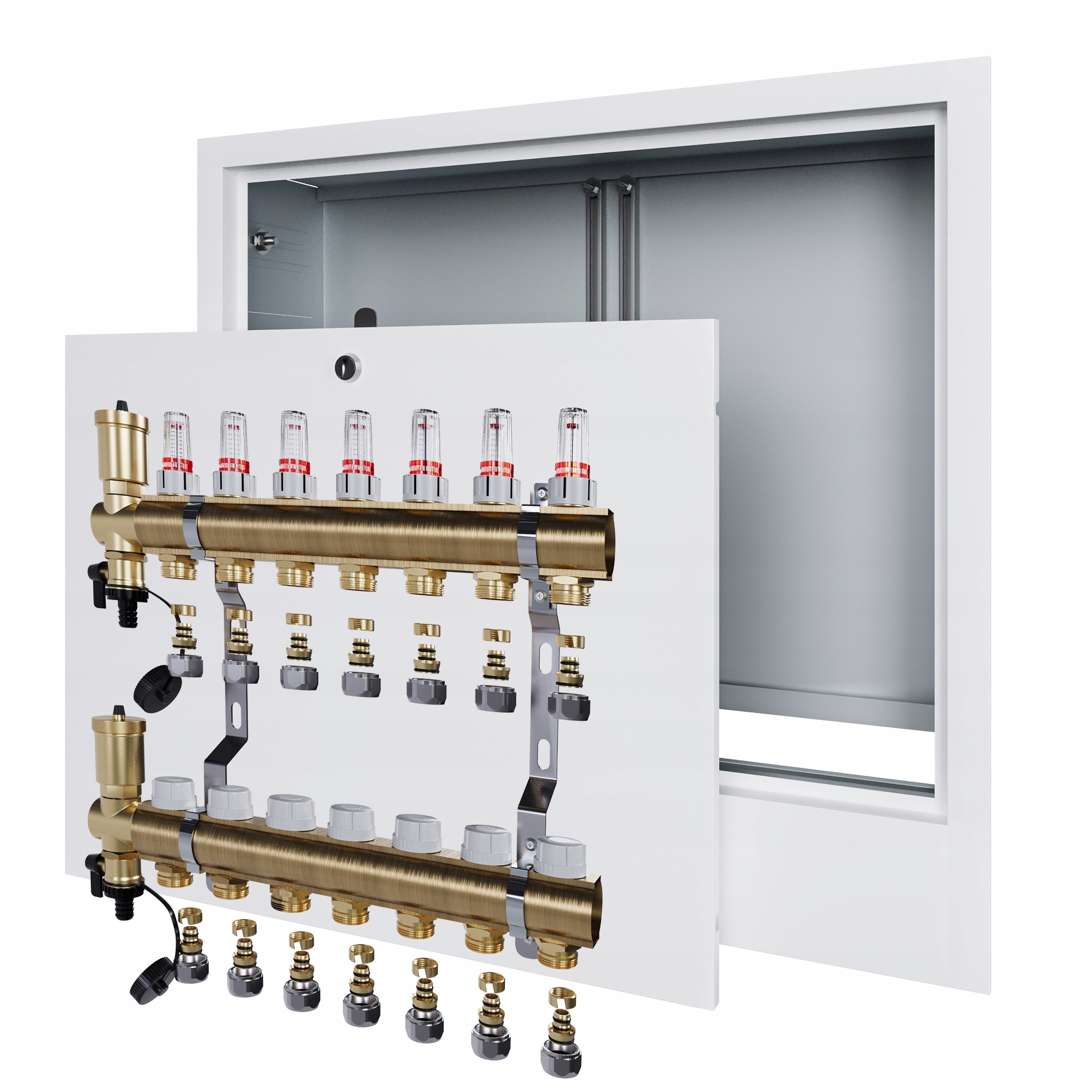 Rozdělovač pro podlahové topení 7 s podomítkovou schránkou a spojkou Pex