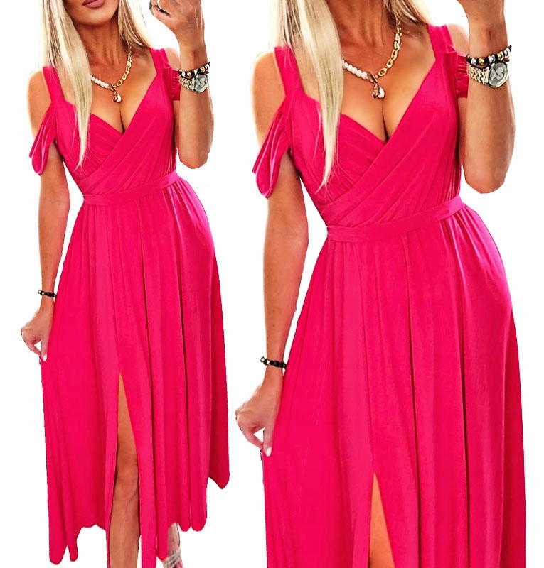 Sukienka Długa Z Rozcięciem Kopertowa Fuksja Amarantowa Na Wesele Maxi