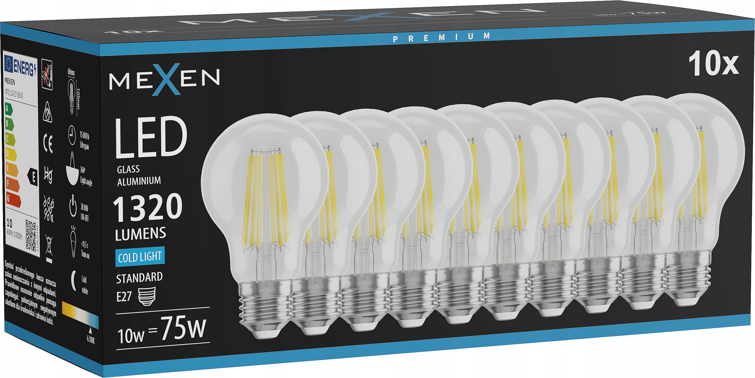 Mexen Vintis 10X Žárovka Filament Led E27 A60 10W 6500K 1320 LM Clear