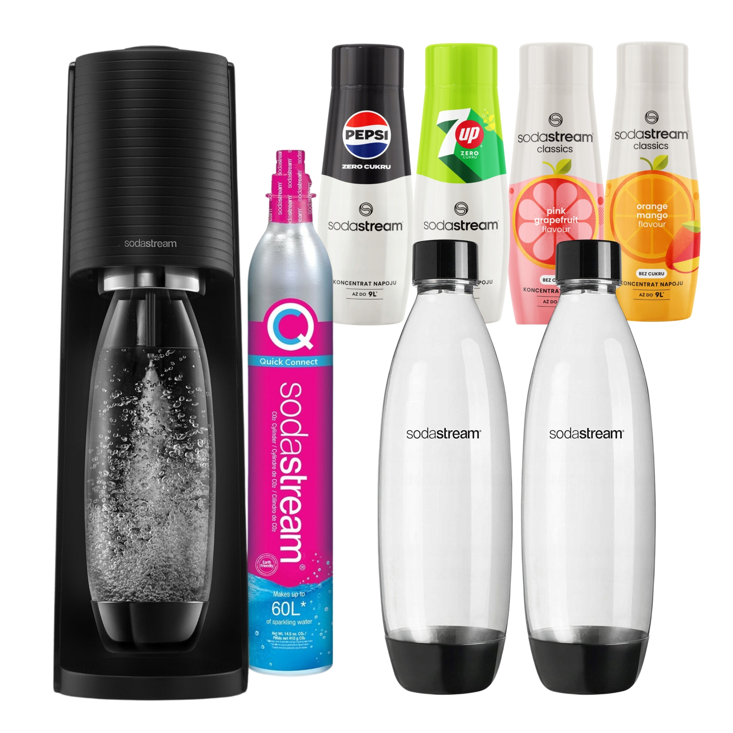 Soda Stream Saturátor Terra 2 Fľaše 4 sirupy bez cukru Pepsi 7UP, Mango