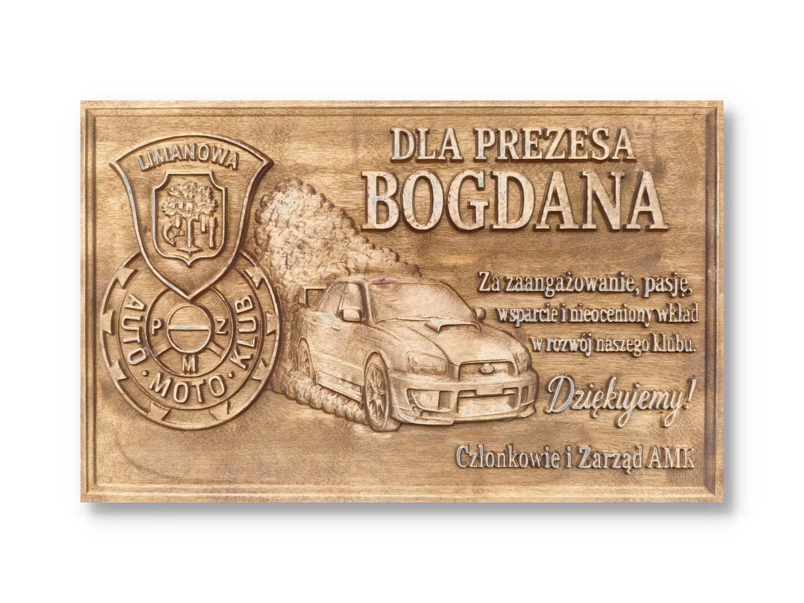 dla kierowcy płaskorzeźba drewniana samochód 200x125 z logo