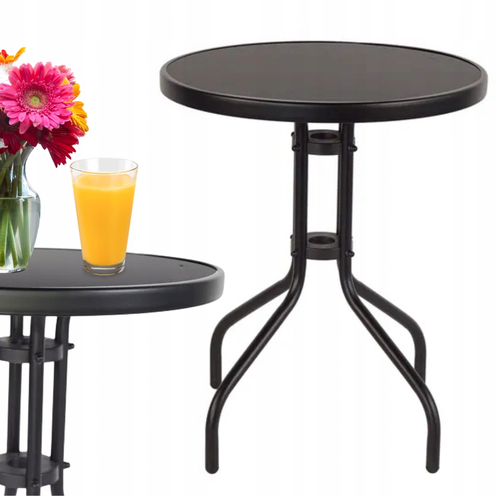 Stół Stolik Ogrodowy Okrągły 60CM Czarny Szklany Blat Na Balkon Taras Ogród