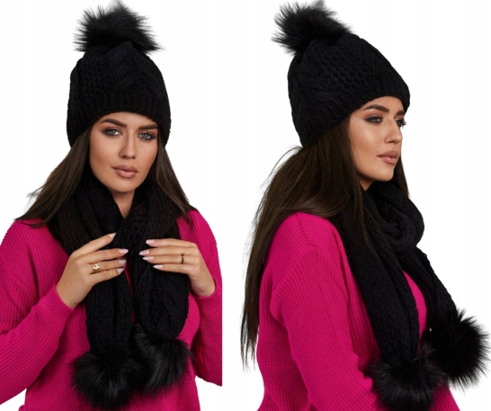 Dámský komplet čepice s bambulí a zimní šálou