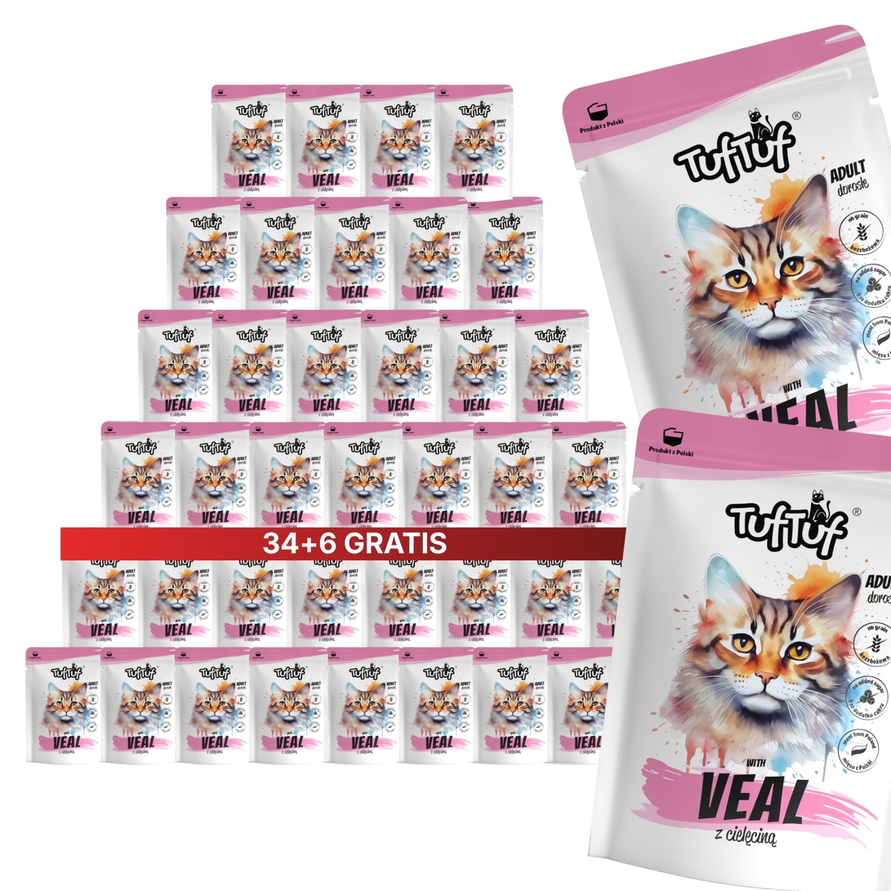 TufTuf mokré krmivo pro kočky Telecí kapsička 40x300g 34+6 Bonus