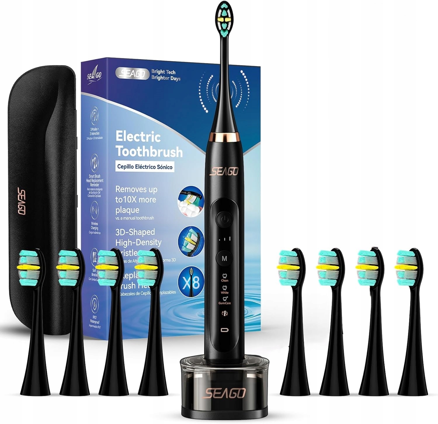 Soniczna Szczoteczka Seago SG-982 z 8 Wymiennymi Końcówkami i Etui Czarna