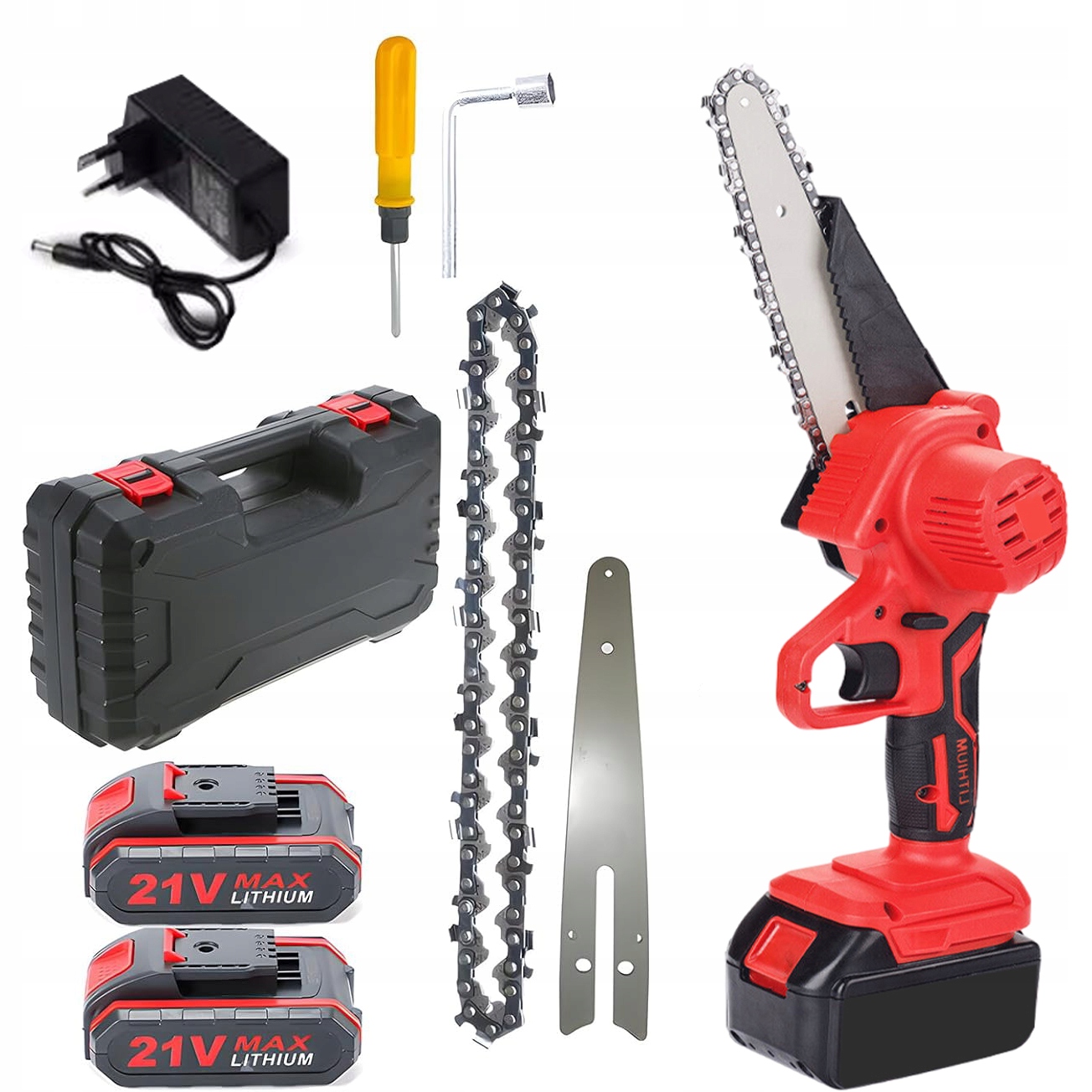 6palcová mini motorová pila se 2ks 21V baterií, elektrická bezdrátová motorová pila