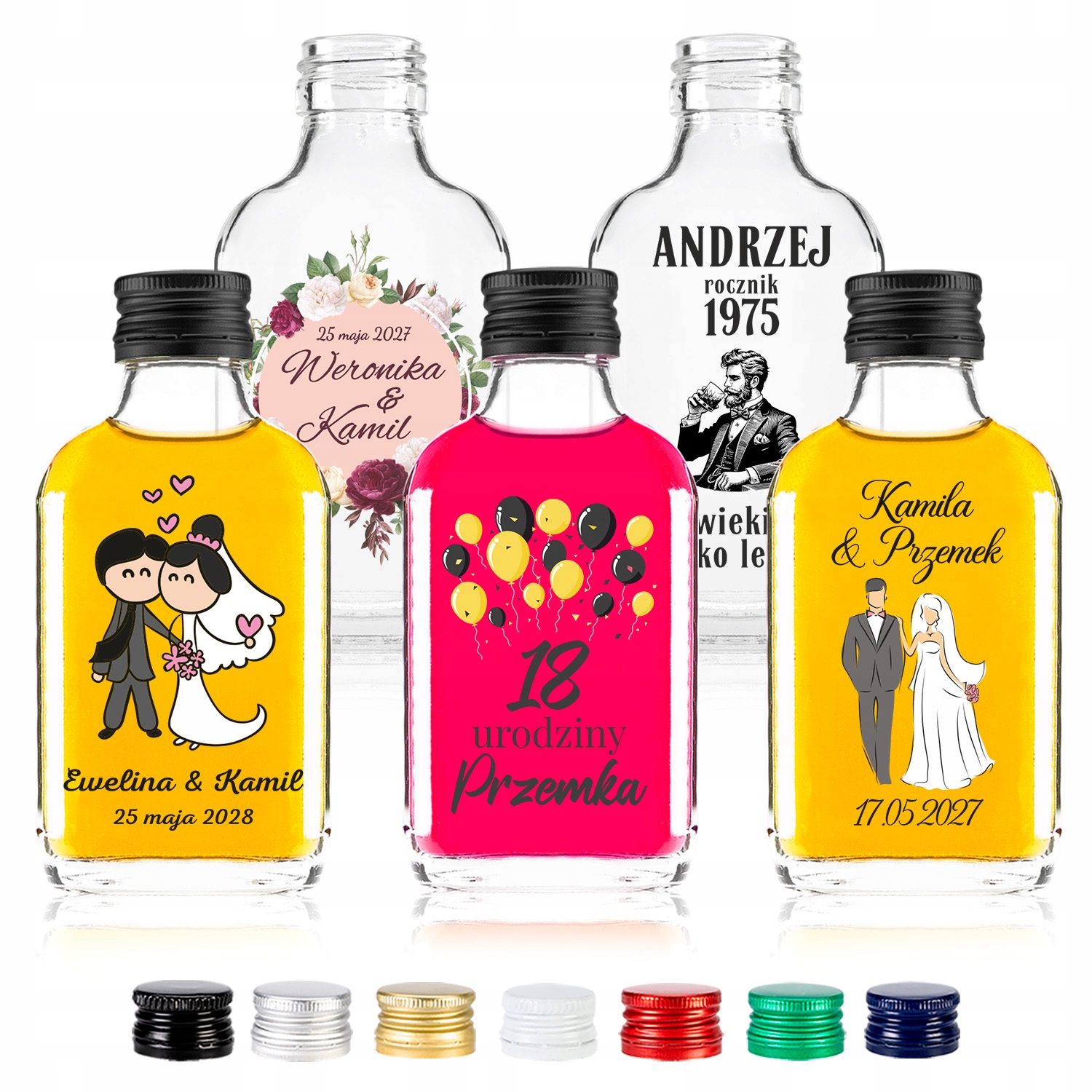 50 x Malé Lahve S Nálepkami Na Likéry Bimber Svatební Hostina Dárek Pro Hosty