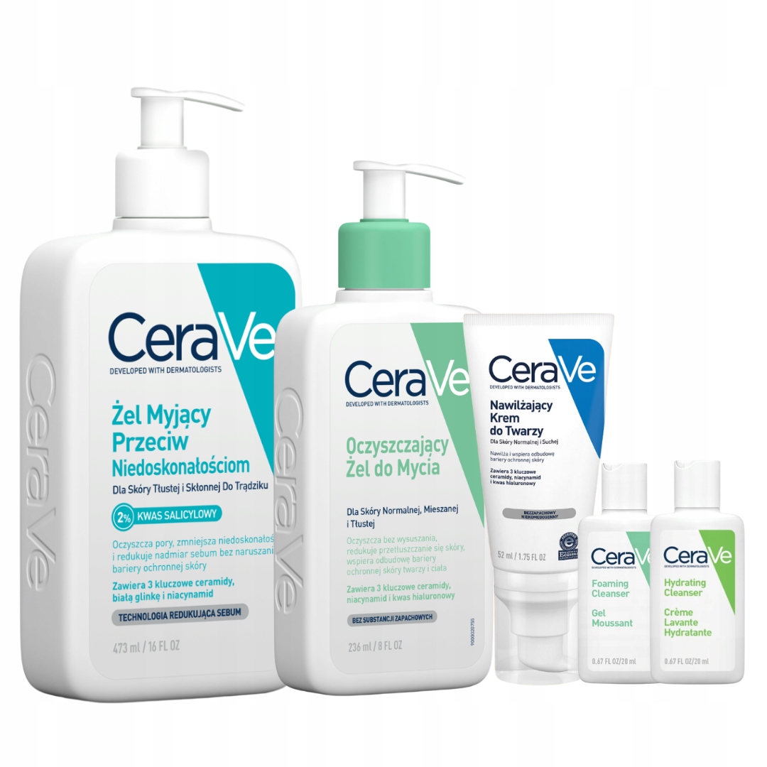 CeraVe Oczyszczający Żel, Nawilżający krem, Żel przeciw niedoskonałościom