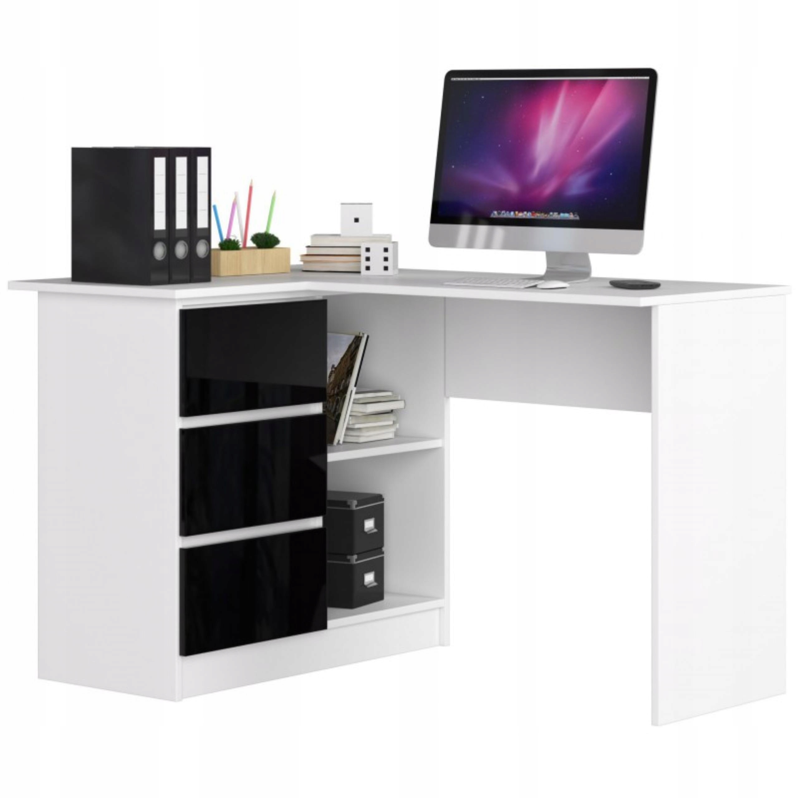 Rohový písací stôl B16 Lewe biely čierny lesk 3 zásuvky 124 cm Akd