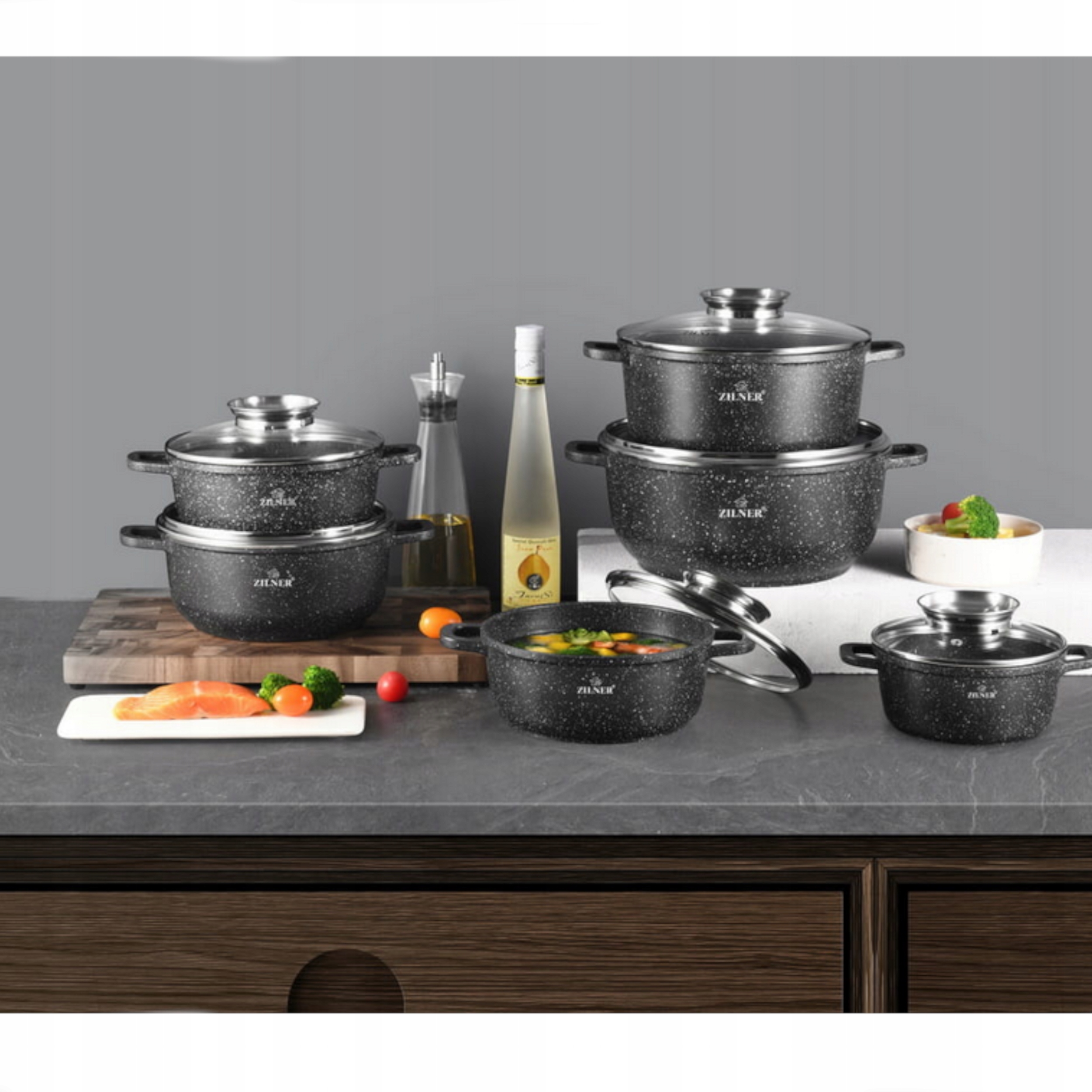 Zestaw garnków GARNKI CZARNE kamienne GRANIOWE 6 garnków z pokrywkami Marka Zilner